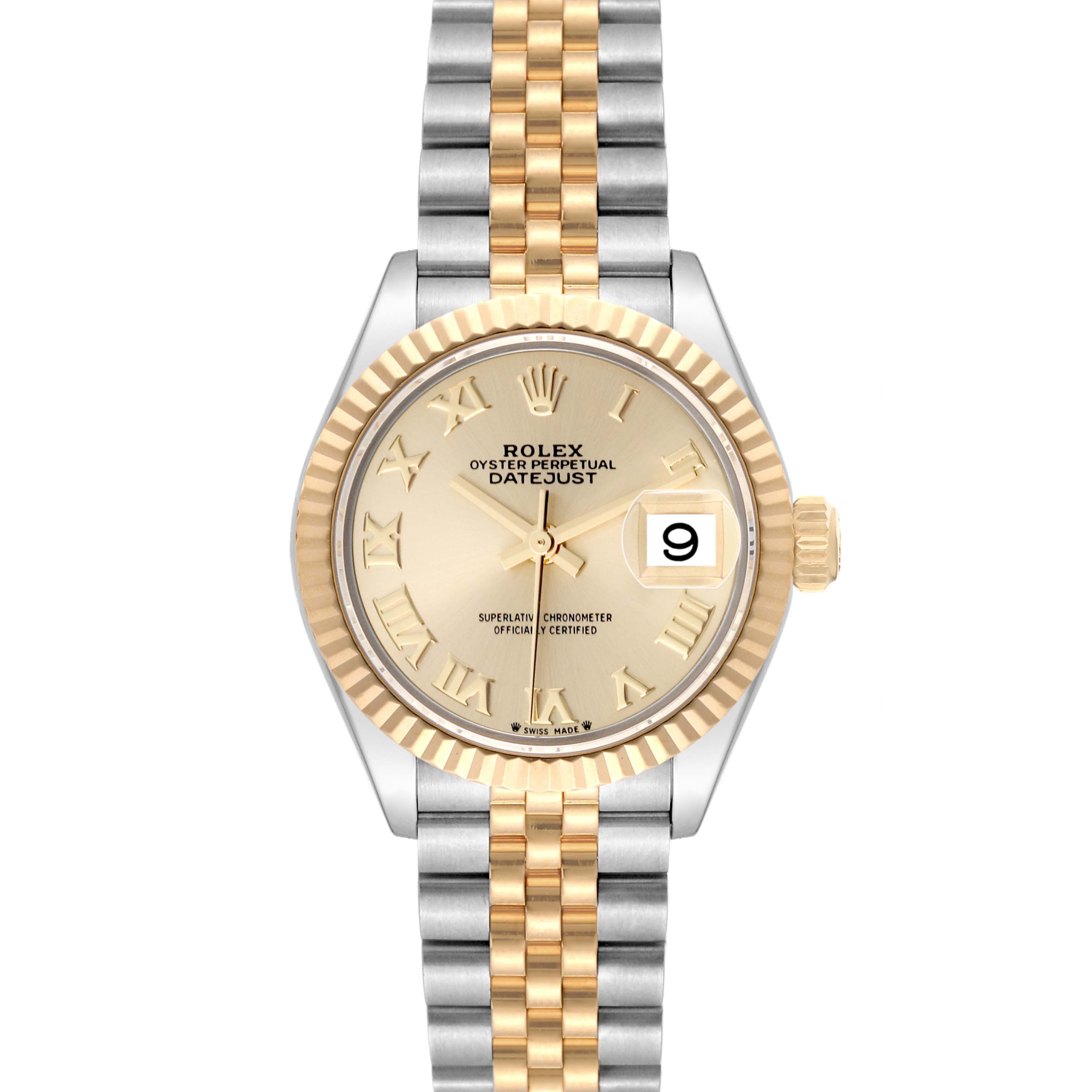 The image shows a front view of the Rolex Datejust 279173 Women's Steel and Gold (two tone) Champagne Dial 279173 Women's Steel and Gold (two tone) Champagne Dial watch, highlighting its gold bezel, dial, and two-tone bracelet.
