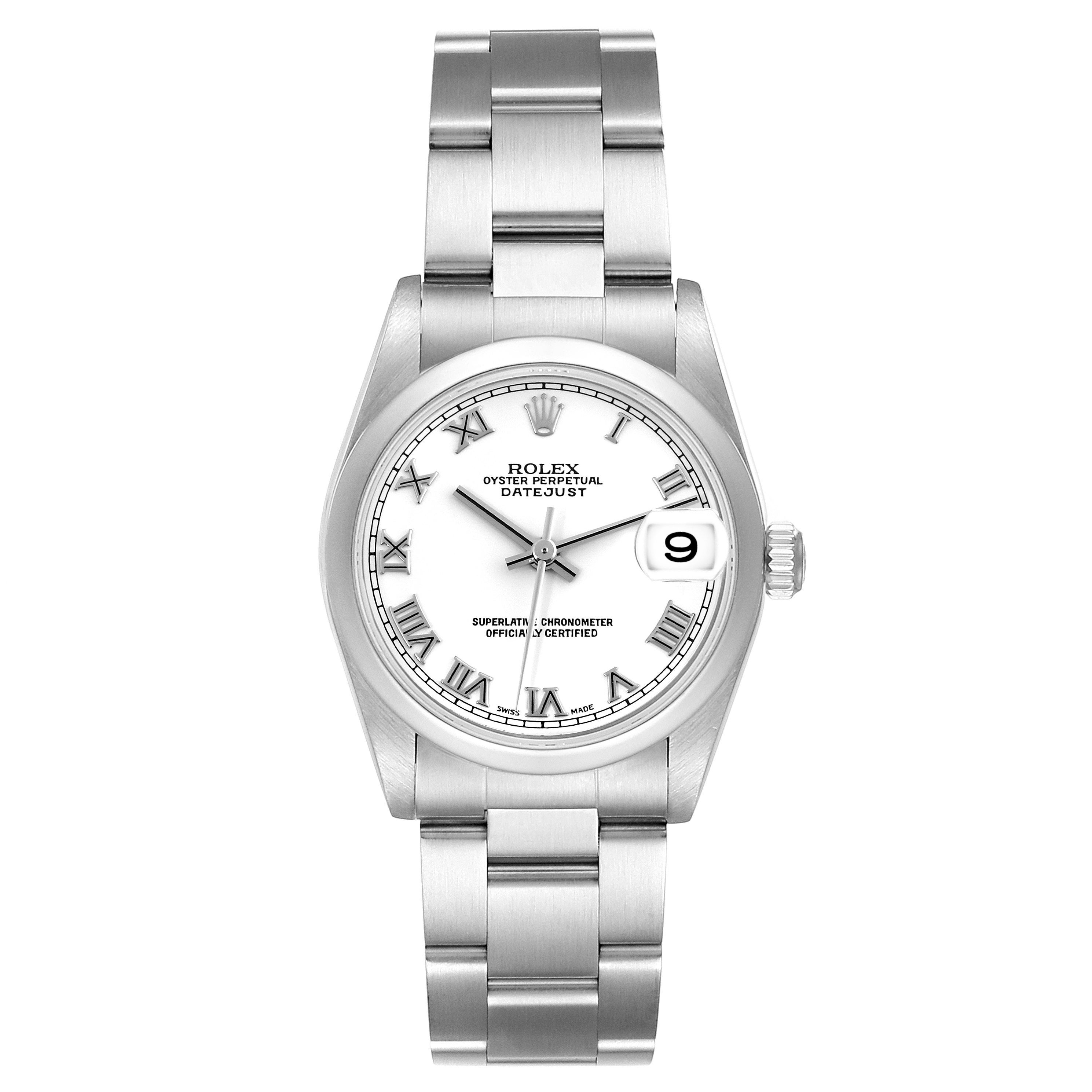 The image shows a front view of the Rolex Datejust Mid-Size watch, highlighting the dial and bracelet.