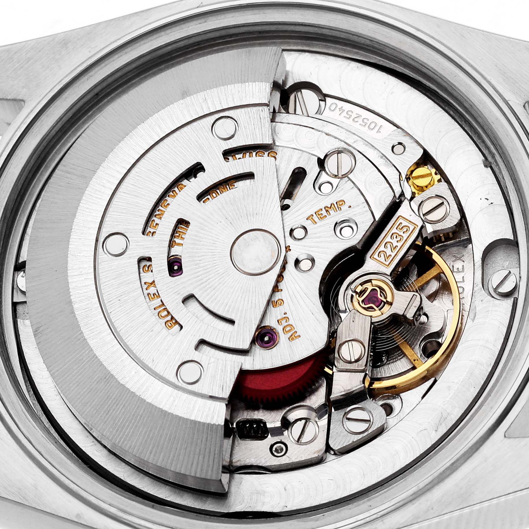 The image shows the internal movement mechanism of a Rolex Mid-Size 78240 Women's Stainless Steel White Dial 78240 Women's Stainless Steel White Dial model watch from a top-down angle.