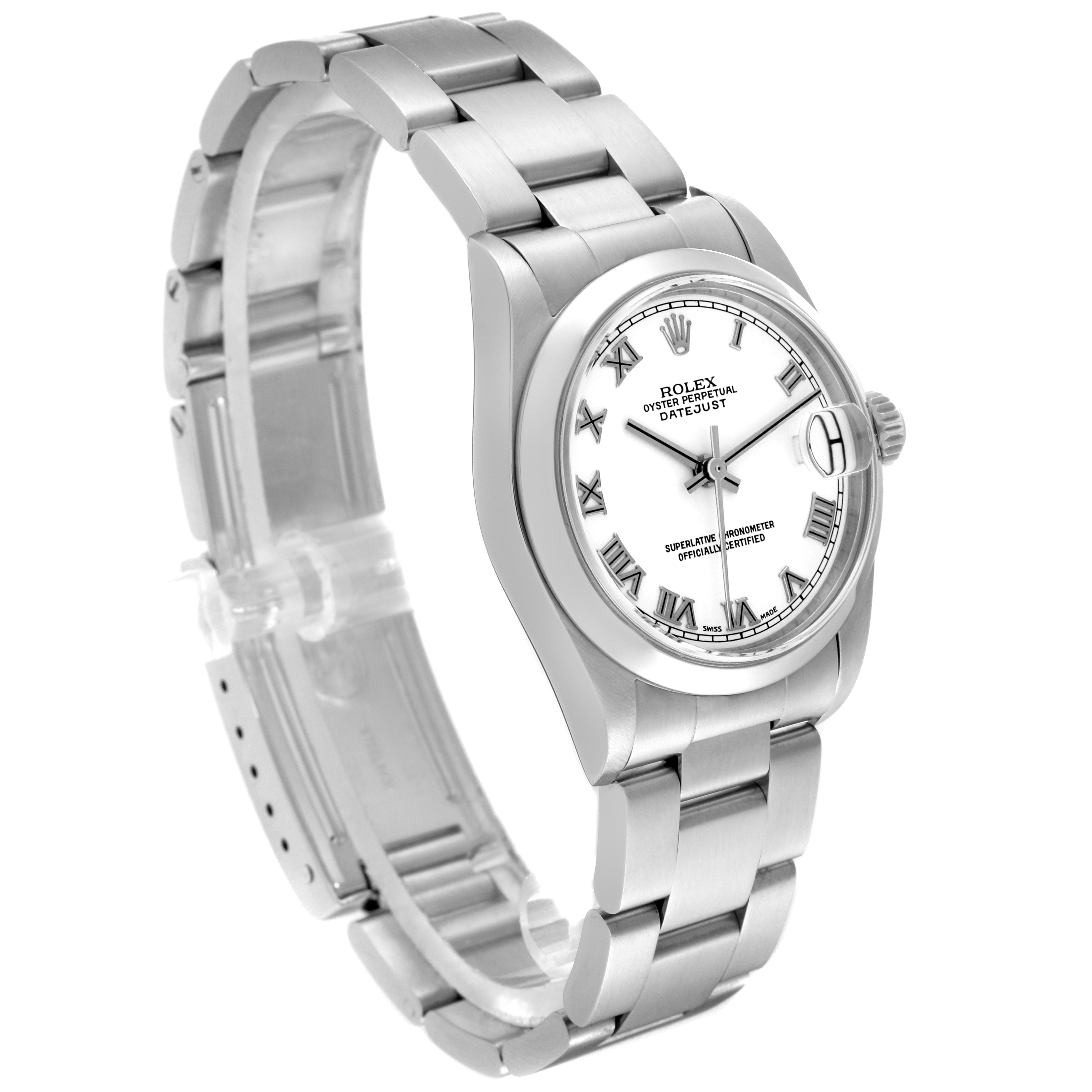 The image shows a Rolex Mid-Size 78240 Women's Stainless Steel White Dial 78240 Women's Stainless Steel White Dial Datejust watch at an angle displaying the dial, hour markers, and bracelet.