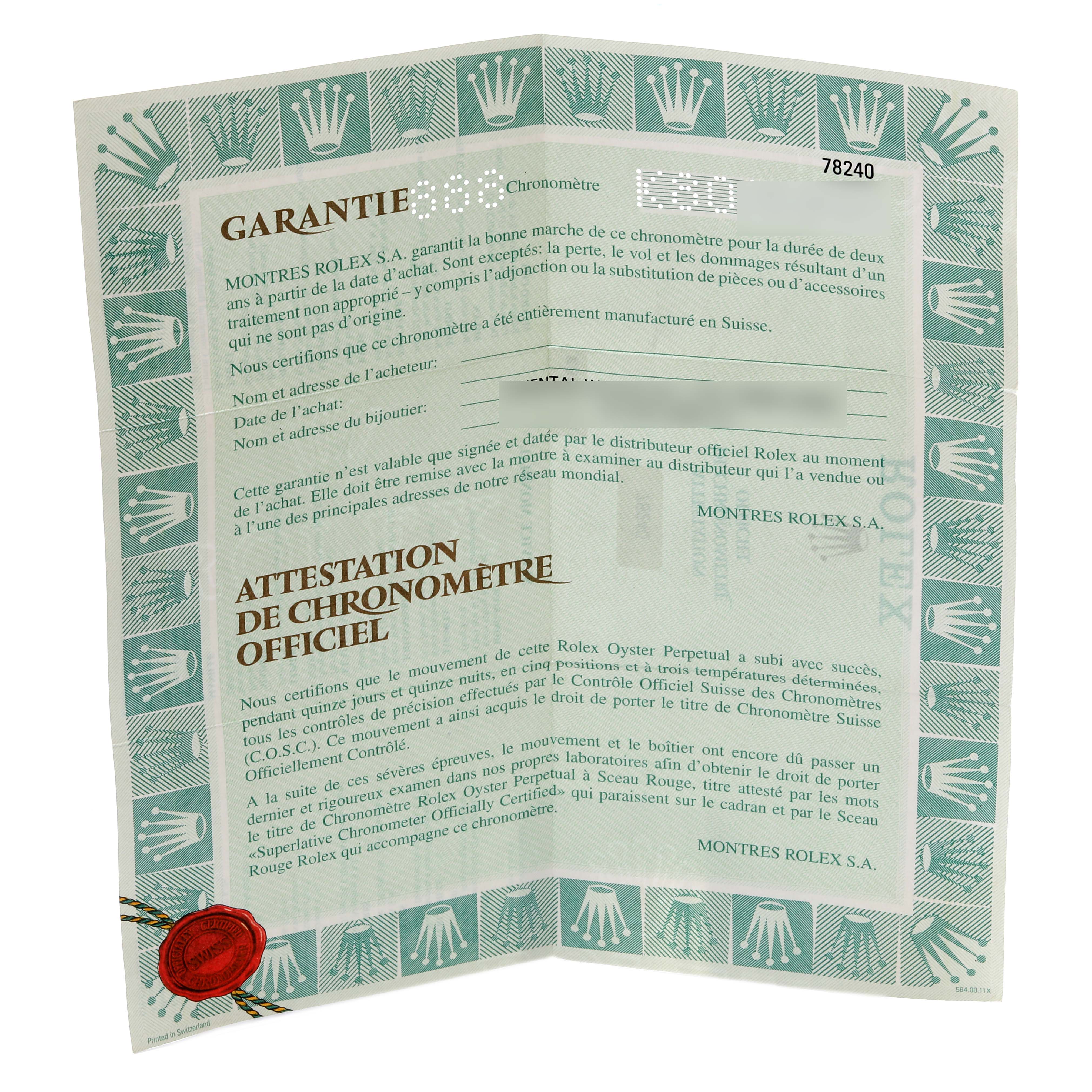 The image shows a warranty and chronometer certificate booklet for a Mid-Size Rolex watch.