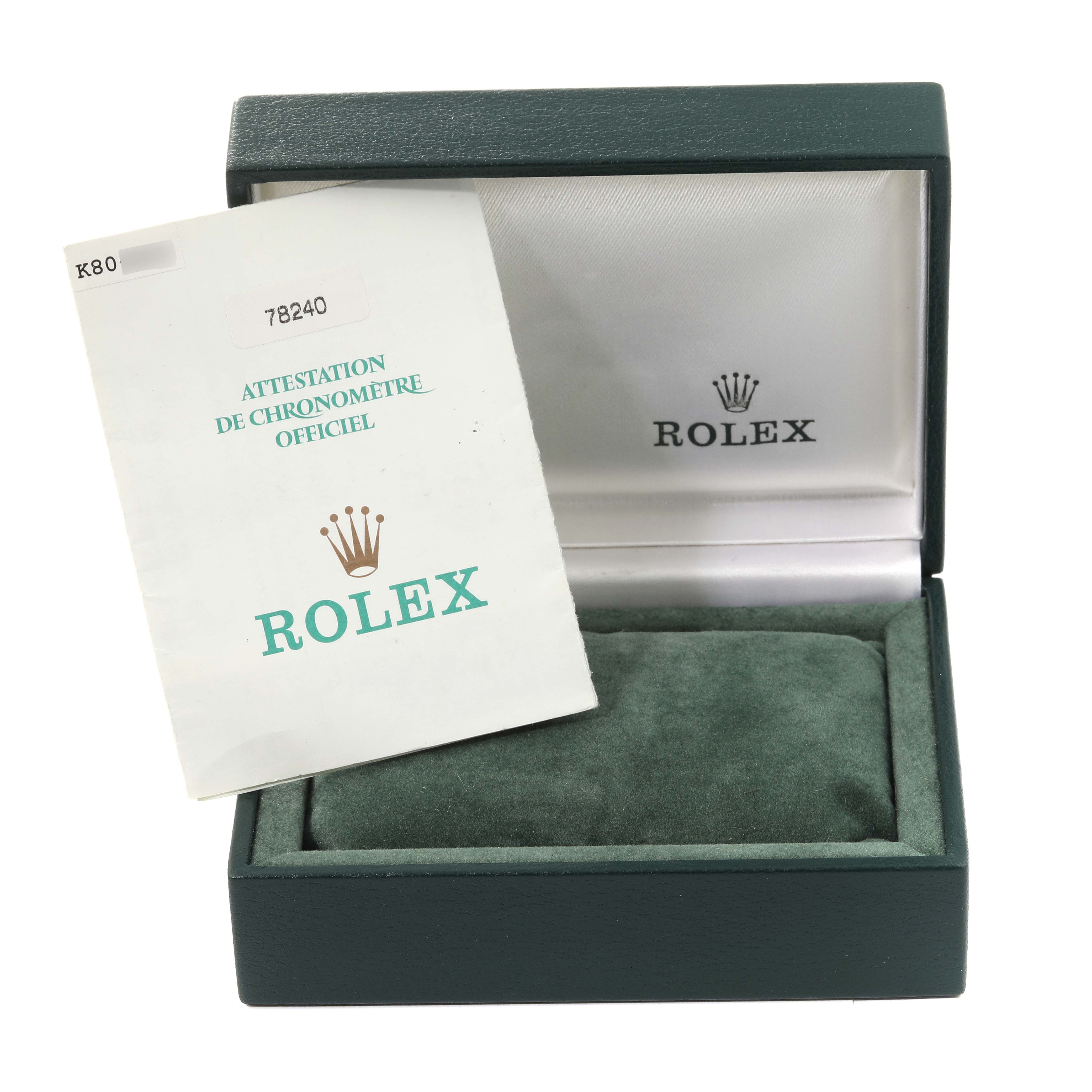 The image shows the box and certificate for a Rolex Mid-Size 78240 Women's Stainless Steel White Dial 78240 Women's Stainless Steel White Dial model watch.