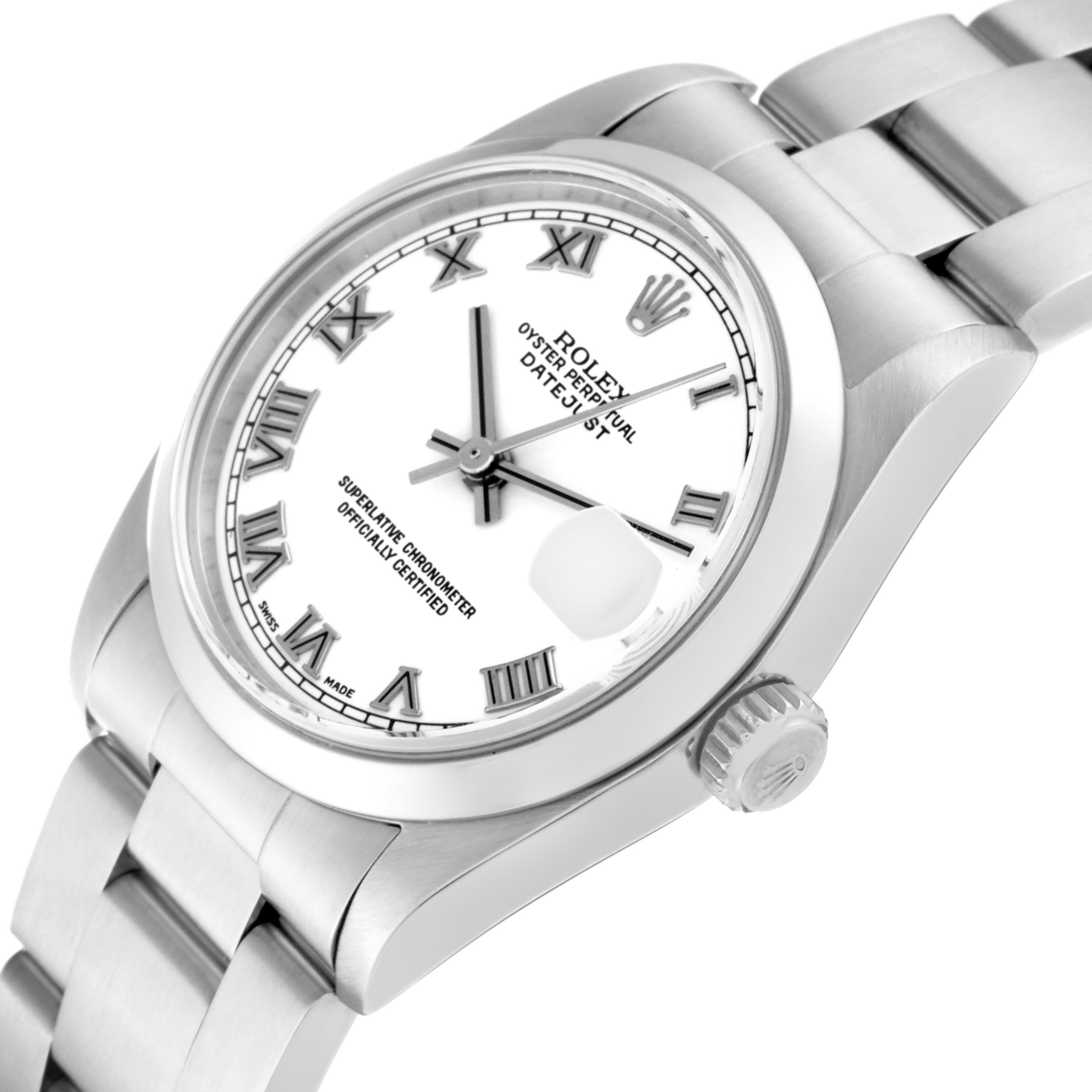 This image shows a Rolex Mid-Size 78240 Women's Stainless Steel White Dial 78240 Women's Stainless Steel White Dial model watch at a slight angle, displaying the dial, bracelet, crown, and bezel.