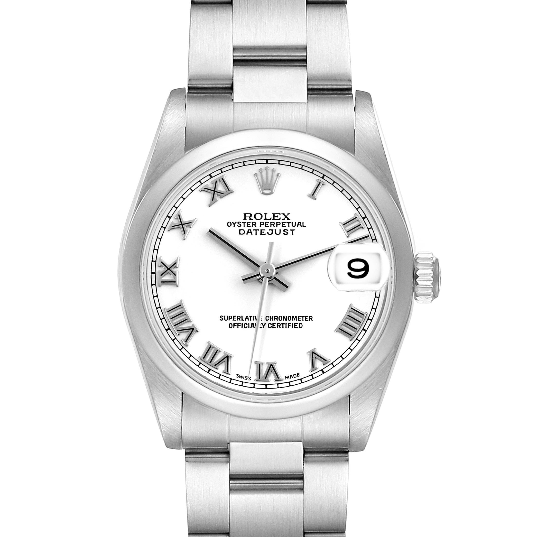 The image shows a front view of a Rolex Oyster Perpetual Datejust Mid-Size watch, highlighting its dial, bezel, and bracelet.