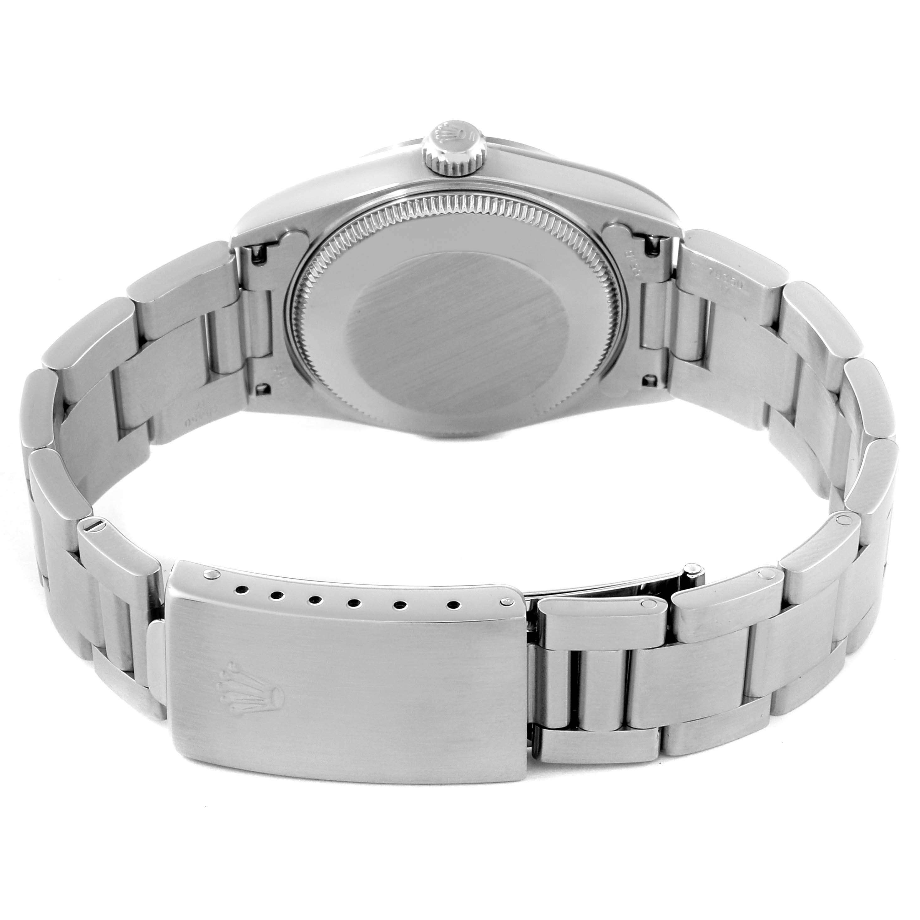 This image shows the back view of a Rolex Mid-Size 78240 Women's Stainless Steel White Dial 78240 Women's Stainless Steel White Dial model watch, focusing on the caseback and bracelet clasp.