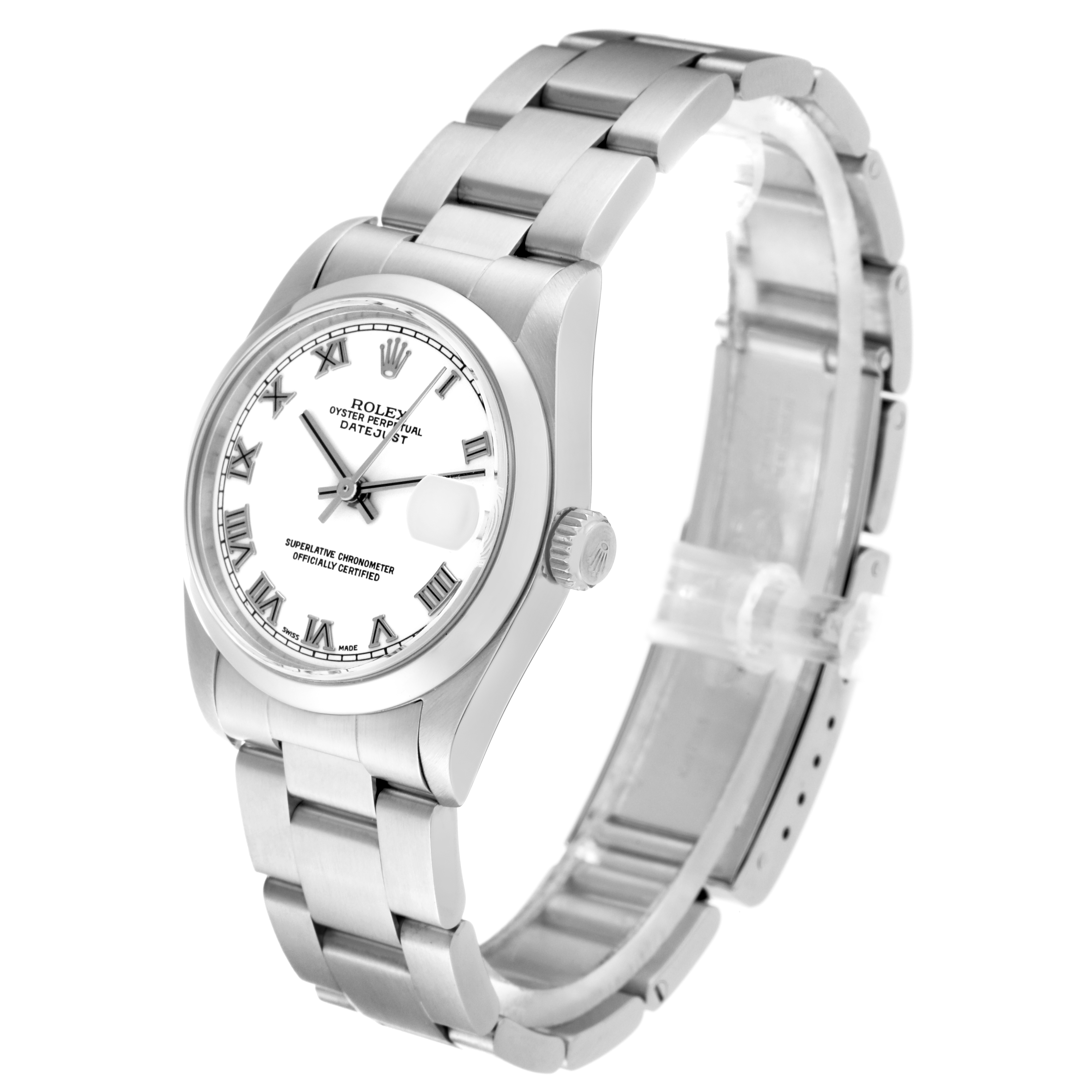 The Rolex Mid-Size 78240 Women's Stainless Steel White Dial 78240 Women's Stainless Steel White Dial Datejust watch is shown at a slight front angle, displaying the face, bezel, crown, and bracelet.