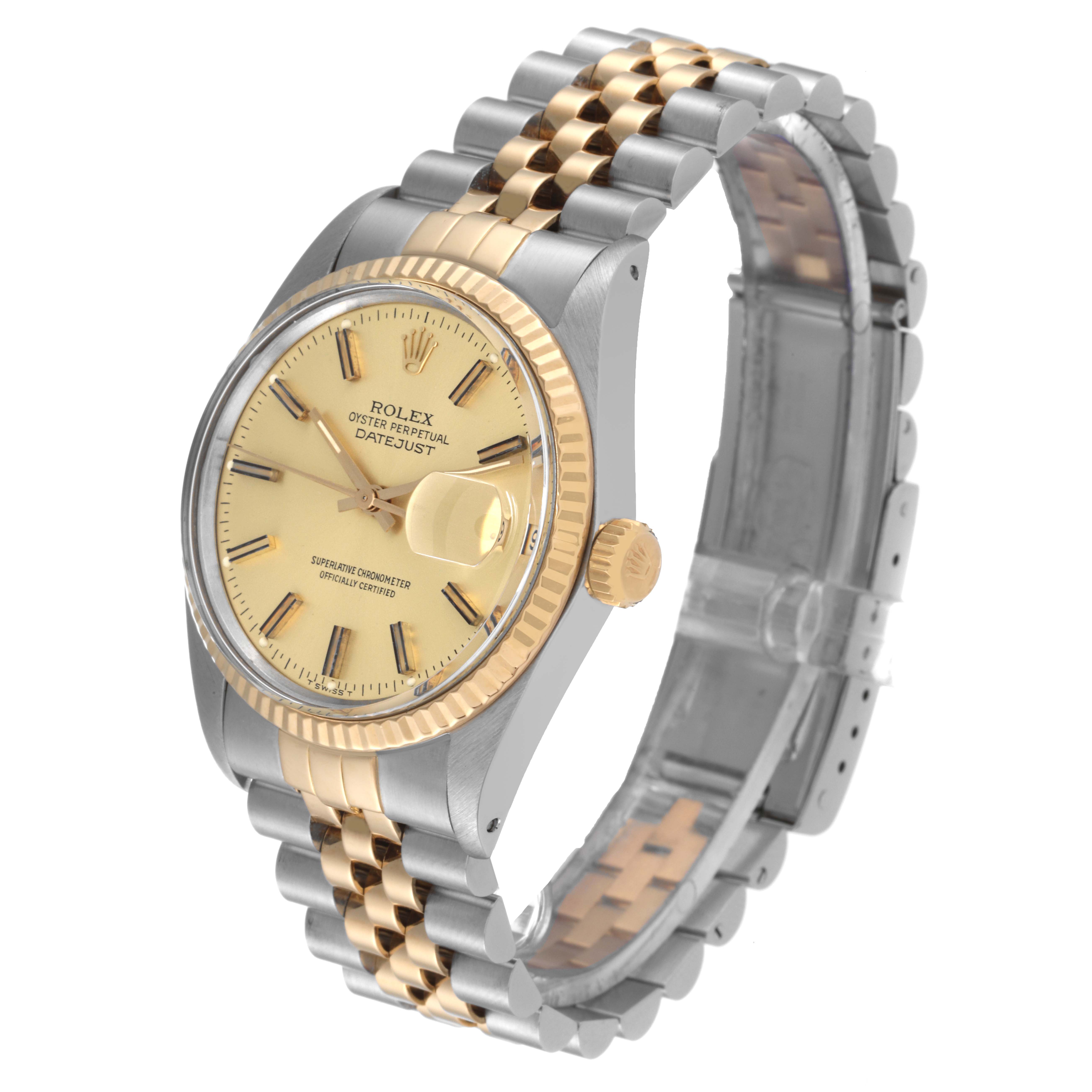 The Rolex Datejust 16013 Men's Steel and Gold (two tone) Champagne Dial 16013 Men's Steel and Gold (two tone) Champagne Dial watch is shown at an oblique angle, highlighting the face, bezel, crown, and Jubilee bracelet.