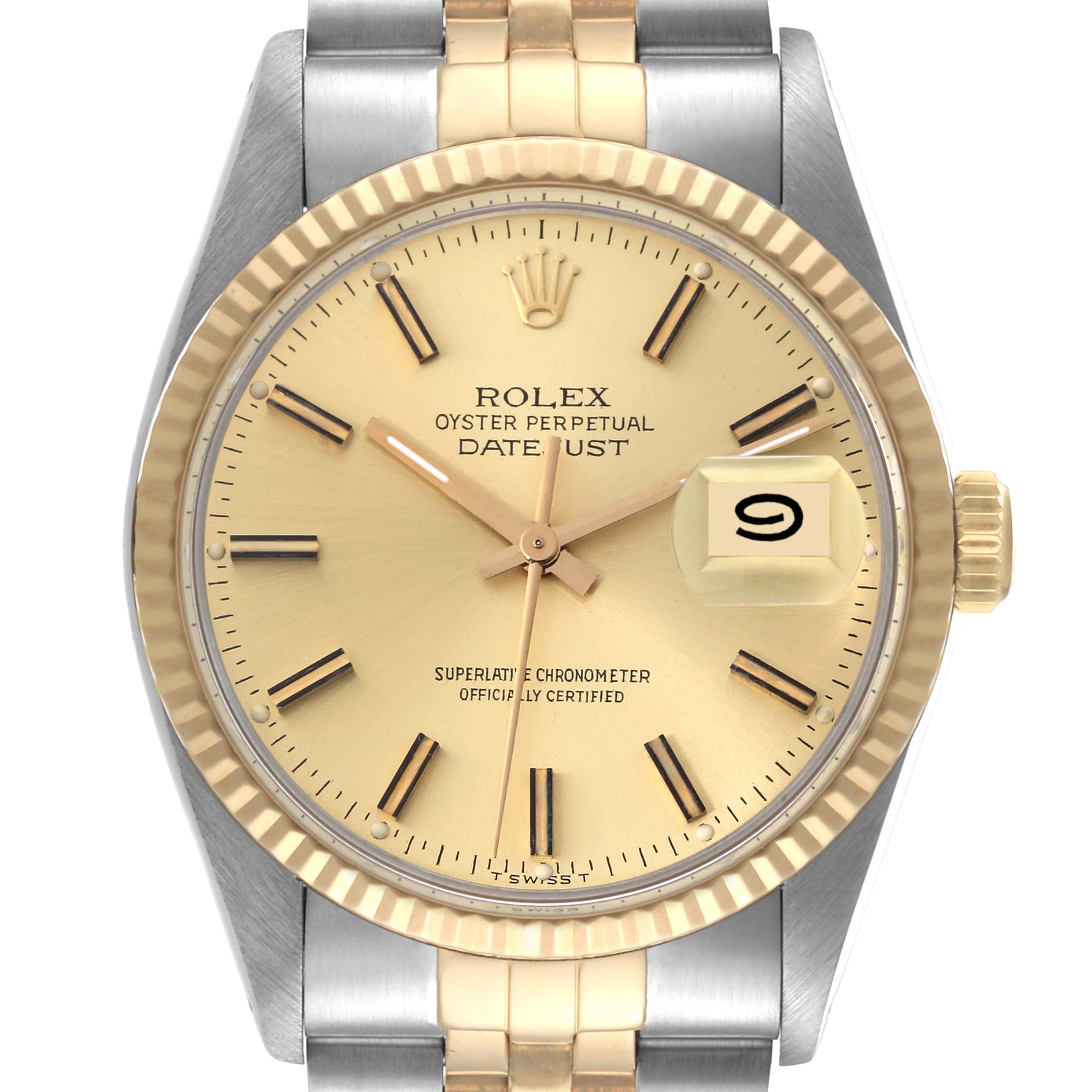This image shows a head-on view of a Rolex Datejust 16013 Men's Steel and Gold (two tone) Champagne Dial 16013 Men's Steel and Gold (two tone) Champagne Dial, highlighting its gold dial, fluted bezel, and Jubilee bracelet.