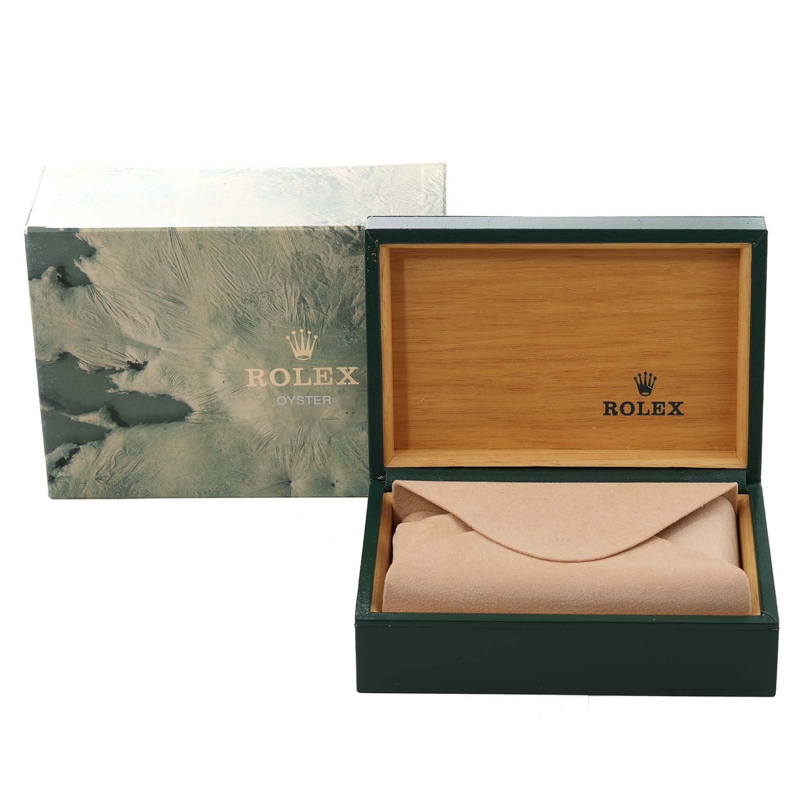 This image shows the open packaging box for a Rolex Datejust 16013 Men's Steel and Gold (two tone) Champagne Dial 16013 Men's Steel and Gold (two tone) Champagne Dial watch, with a partially visible pouch and outer decorative box.