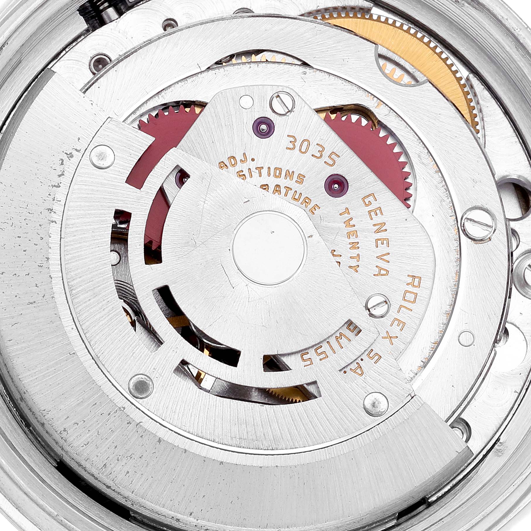 This close-up image shows the intricate internal movement of a Rolex Datejust 16013 Men's Steel and Gold (two tone) Champagne Dial 16013 Men's Steel and Gold (two tone) Champagne Dial model watch.