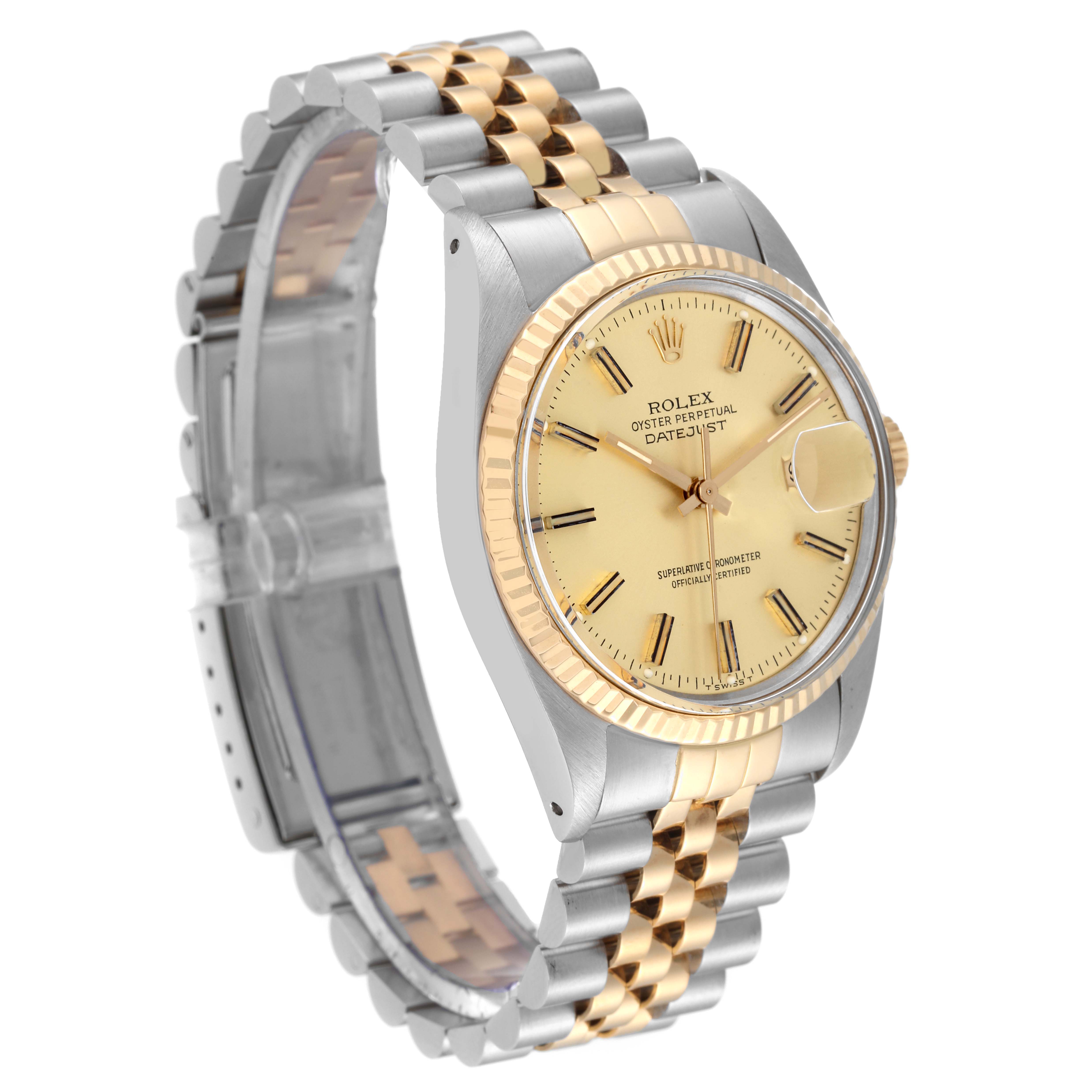 The Rolex Datejust 16013 Men's Steel and Gold (two tone) Champagne Dial 16013 Men's Steel and Gold (two tone) Champagne Dial watch is shown at a three-quarter angle highlighting the face, bezel, and bracelet.