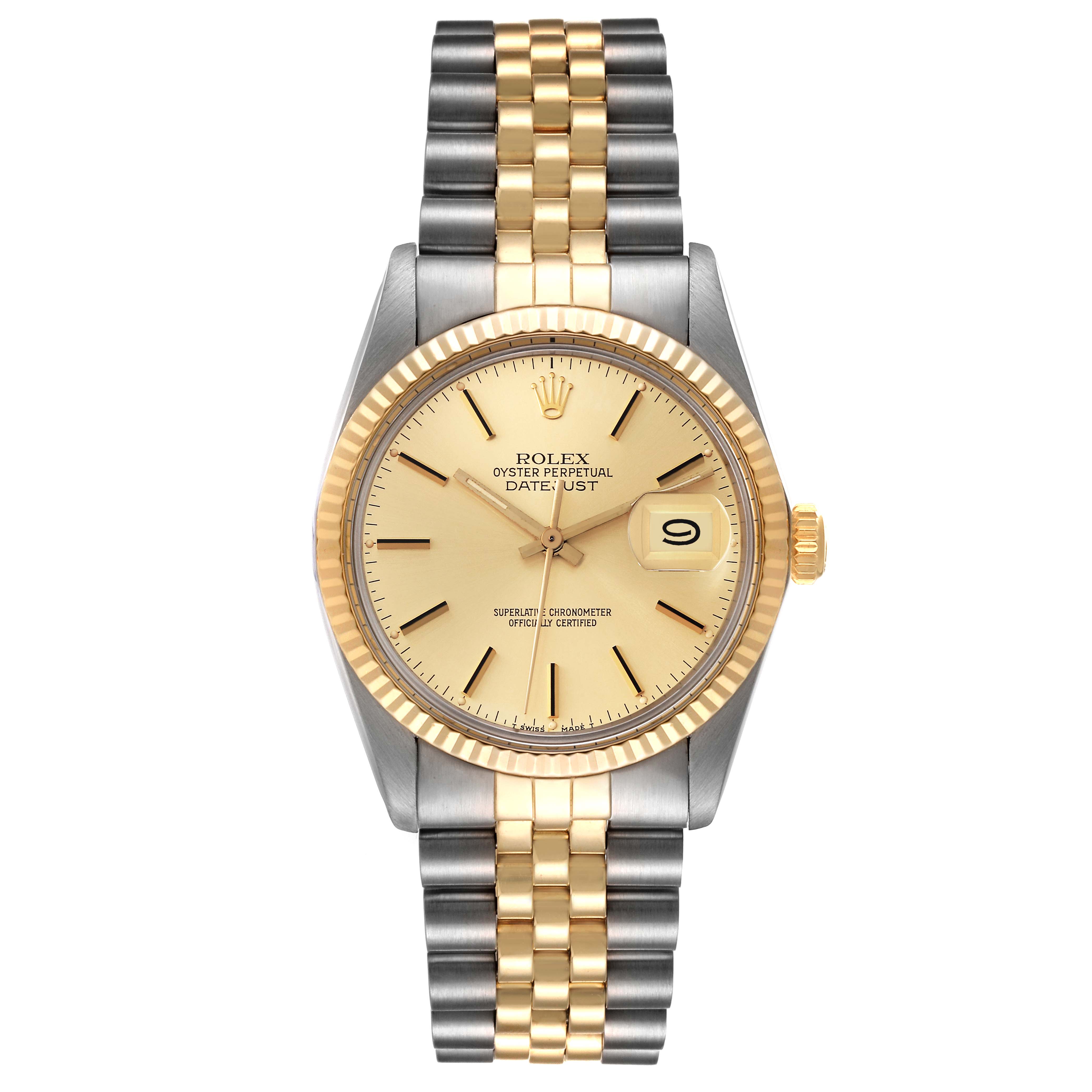 This is a frontal view of the Rolex Vintage Collection 16013 Men's Steel and Gold (two tone) Champagne Dial 16013 Men's Steel and Gold (two tone) Champagne Dial Oyster Perpetual Datejust watch, showing the dial, bezel, and bracelet.