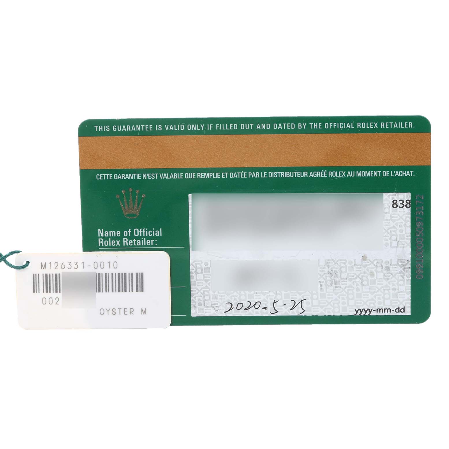 This image shows the guarantee card and tag for the Rolex Datejust 41 126331 Men's Steel and Gold (two tone) Pink Dial 126331 Men's Steel and Gold (two tone) Pink Dial model.