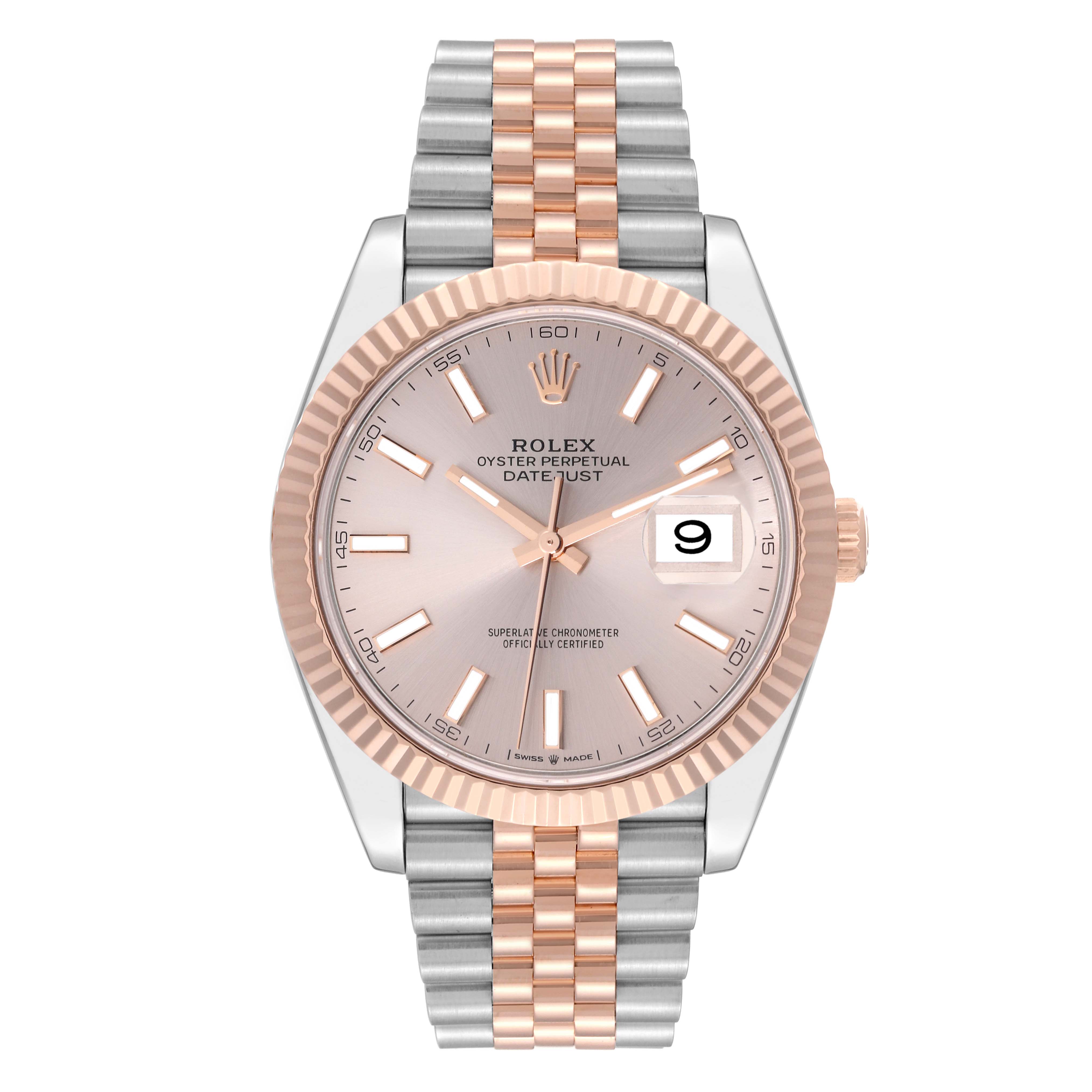 The Rolex Datejust 41 126331 Men's Steel and Gold (two tone) Pink Dial 126331 Men's Steel and Gold (two tone) Pink Dial is shown from a front angle, displaying its pink dial, two-tone Jubilee bracelet, and fluted bezel.