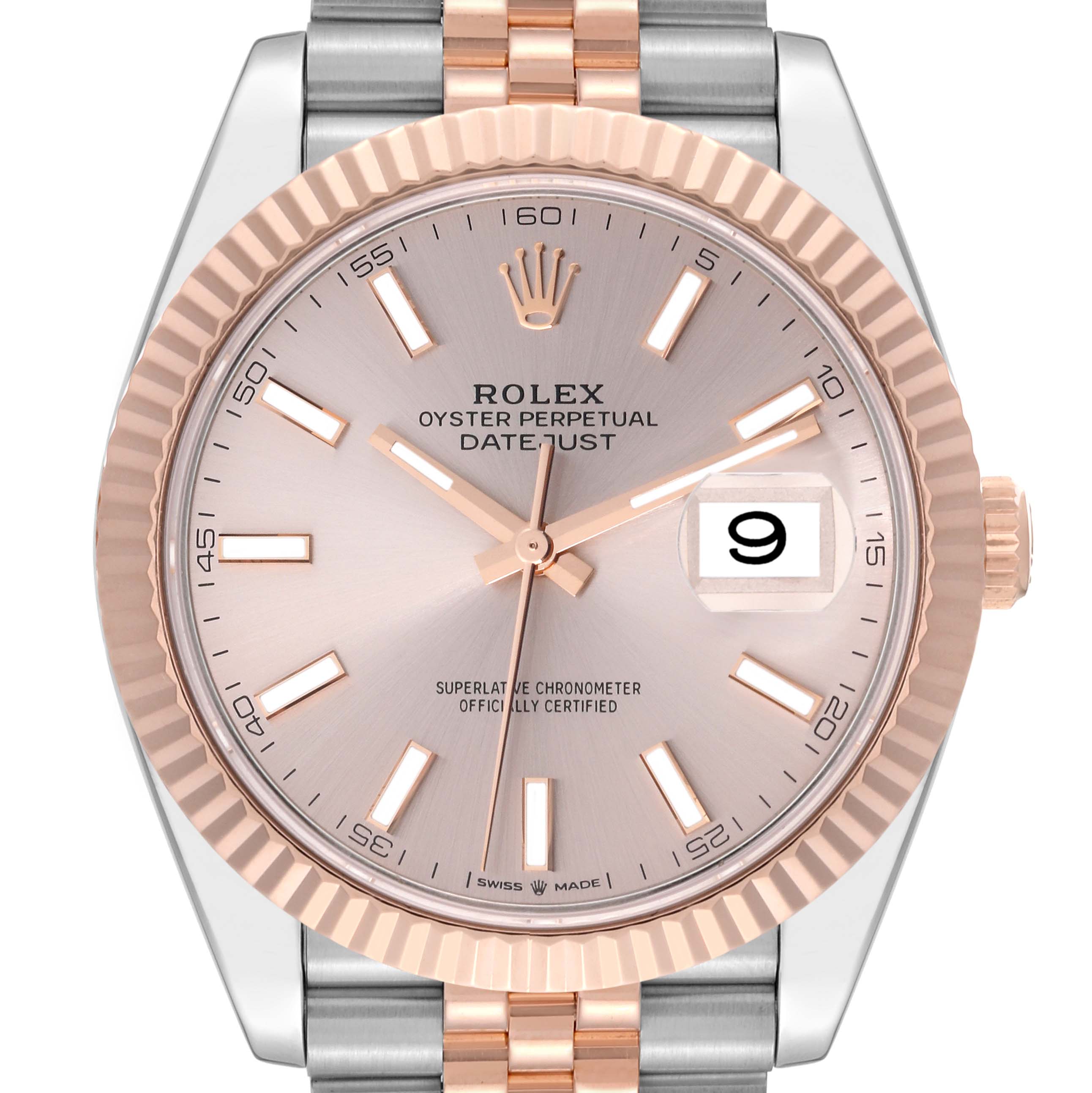 The image shows a front view of a Rolex Datejust 41 126331 Men's Steel and Gold (two tone) Pink Dial 126331 Men's Steel and Gold (two tone) Pink Dial, highlighting its dial, markers, crown, and two-tone Jubilee bracelet.