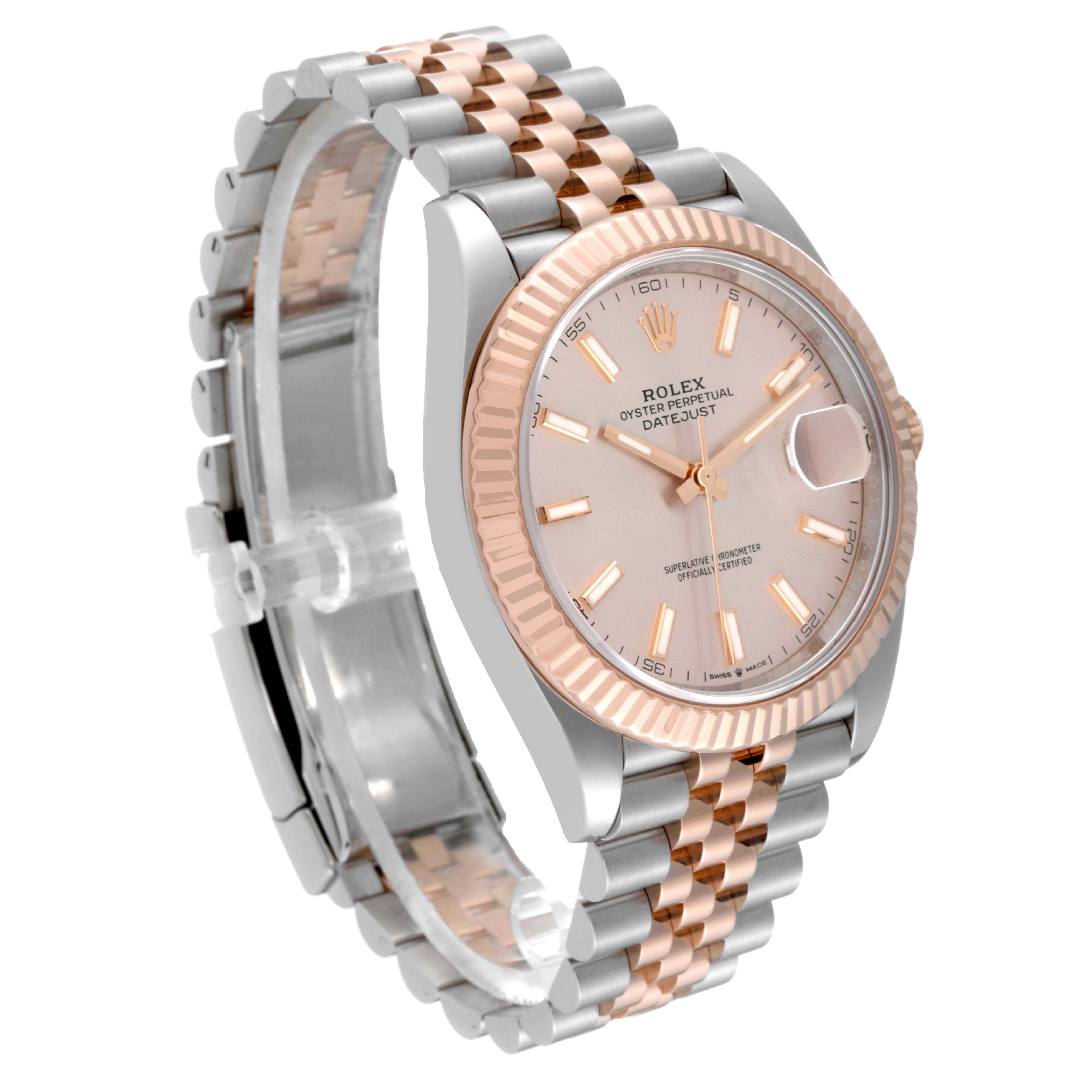 The image shows a Datejust 41 model by Rolex from a three-quarter angle, highlighting its dial, bezel, and two-tone bracelet.