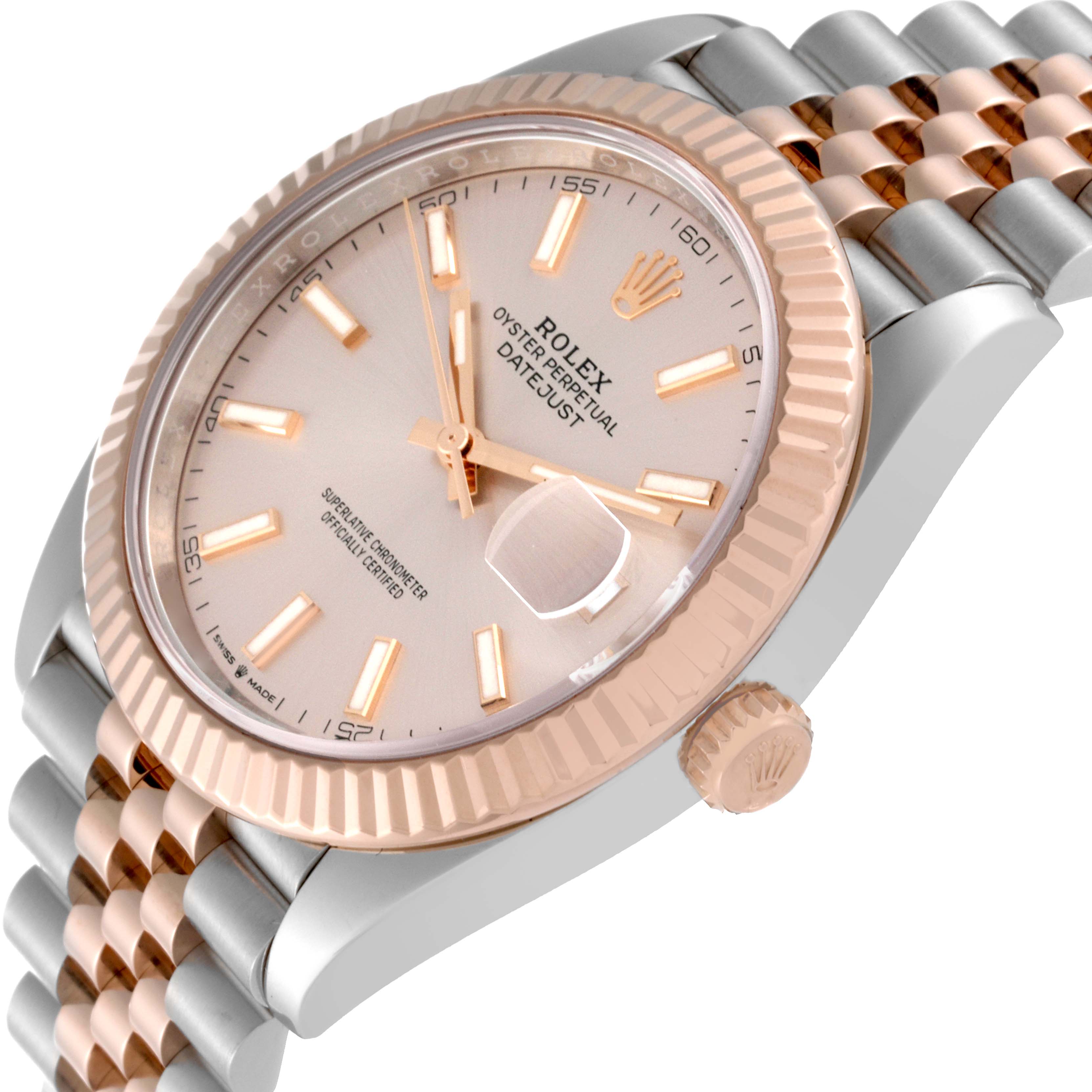 The image shows a close-up, angled view of the dial, bezel, and part of the bracelet of the Rolex Datejust 41 126331 Men's Steel and Gold (two tone) Pink Dial 126331 Men's Steel and Gold (two tone) Pink Dial watch.