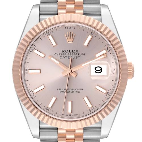 This Rolex Datejust 41 watch is shown from a front angle, displaying the dial, bezel, and part of the bracelet.