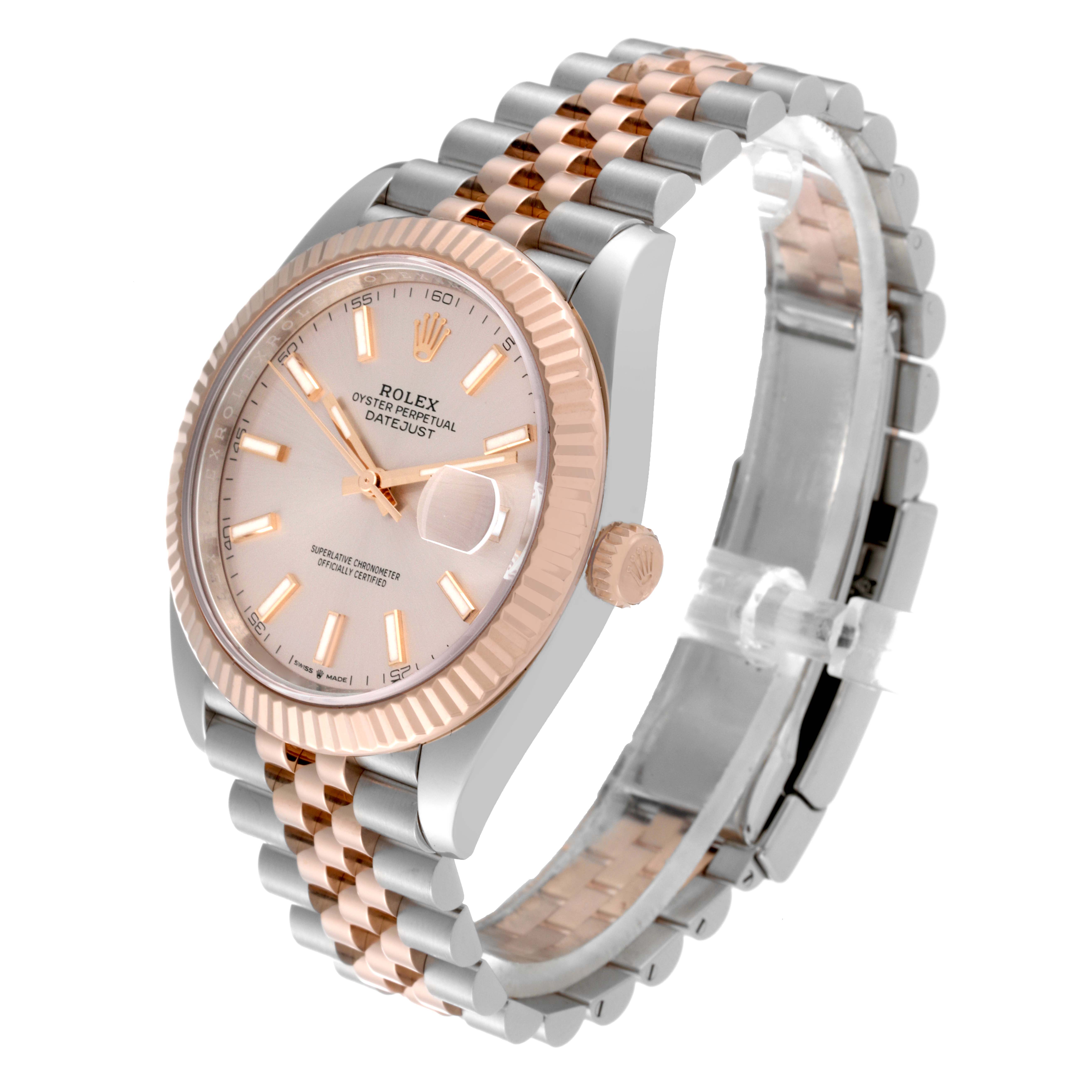 The image shows a Rolex Datejust 41 126331 Men's Steel and Gold (two tone) Pink Dial 126331 Men's Steel and Gold (two tone) Pink Dial watch at a three-quarter angle, highlighting its dial, bezel, crown, and two-tone bracelet.