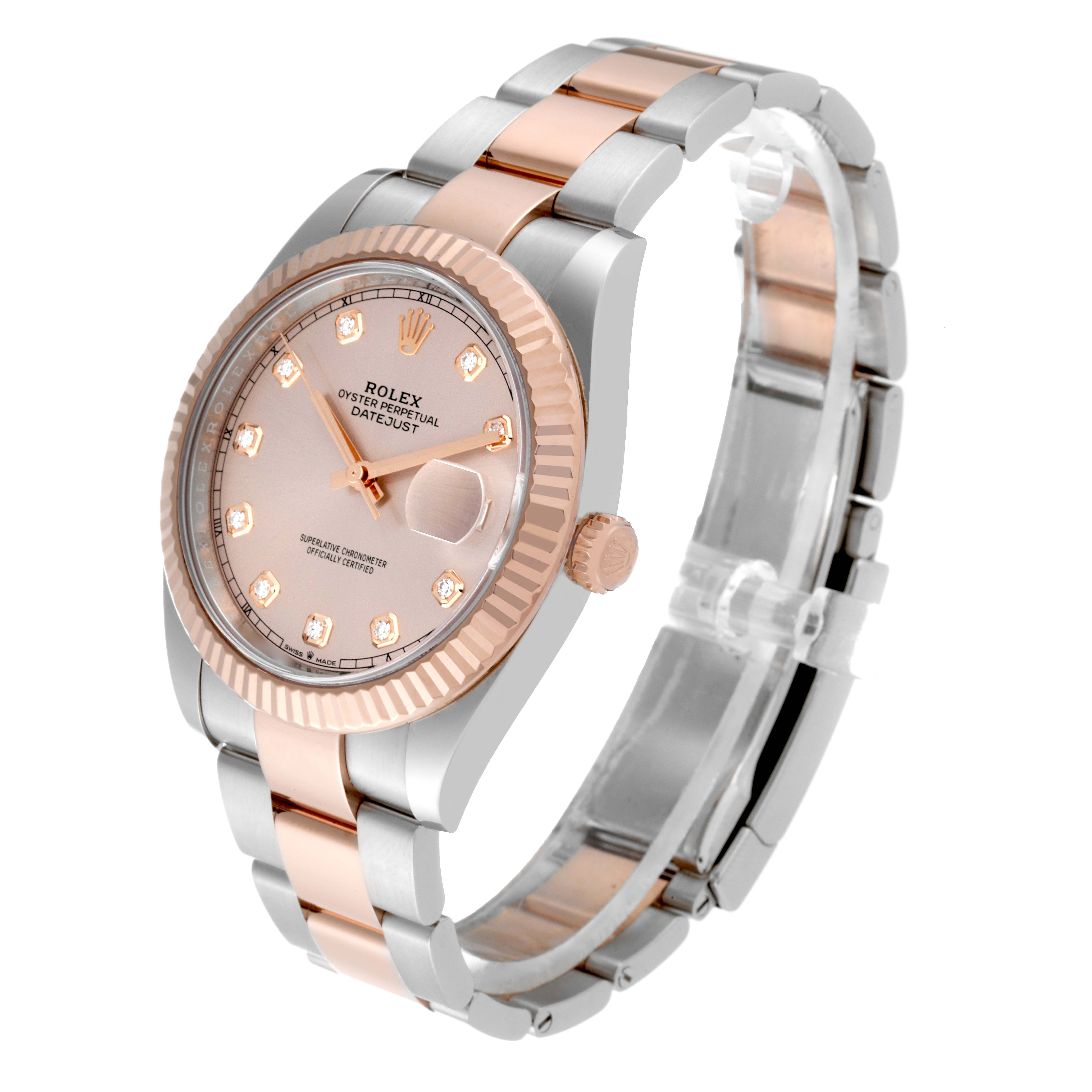 The Rolex Datejust 41 126331 Men's Steel and Gold (two tone) Pink Dial 126331 Men's Steel and Gold (two tone) Pink Dial is shown from a three-quarter front angle, displaying its face, crown, and bracelet.
