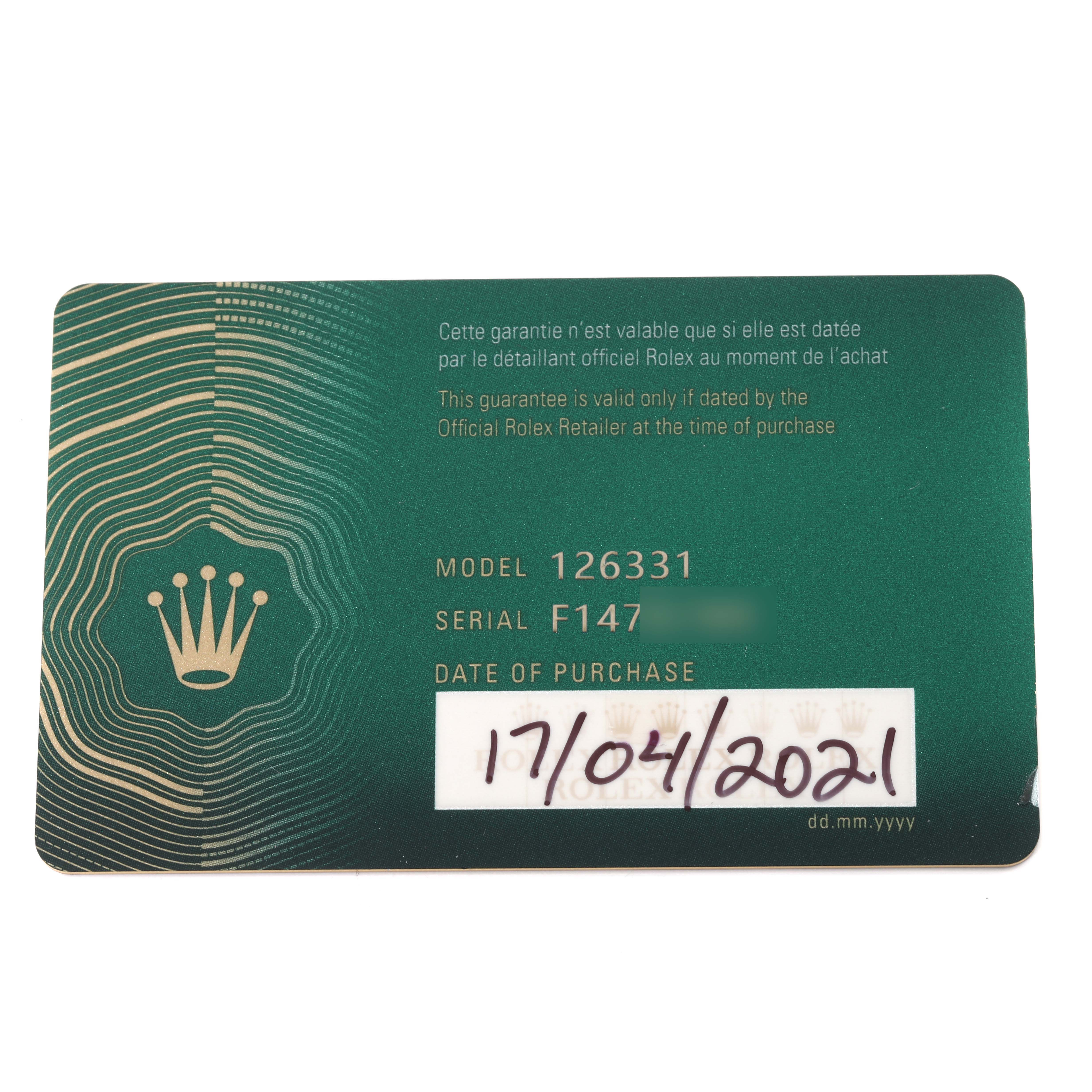 The image shows a warranty card for the Rolex Datejust 41 126331 Men's Steel and Gold (two tone) Pink Dial 126331 Men's Steel and Gold (two tone) Pink Dial model, displaying the model and serial number and the purchase date.