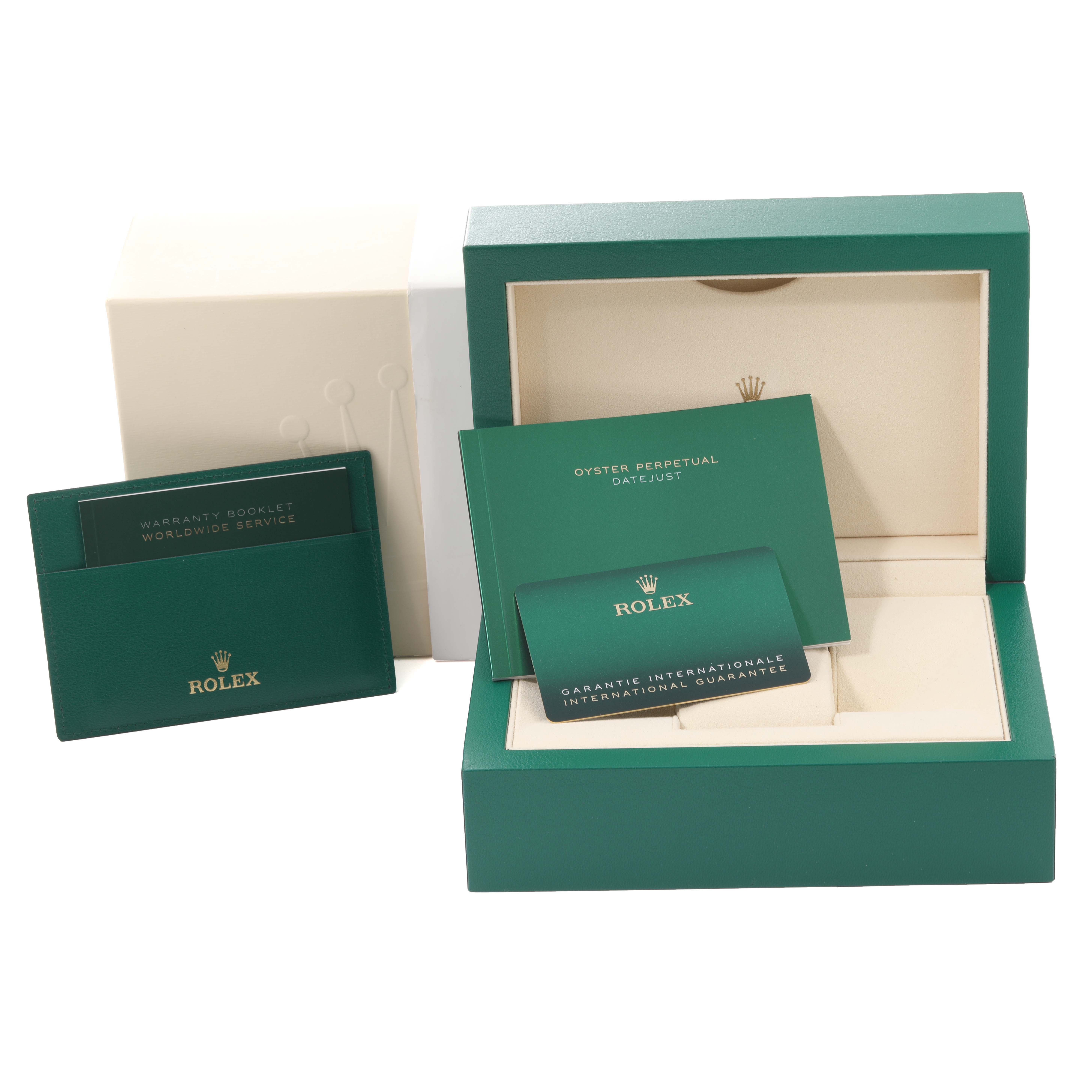 The image shows the packaging, warranty booklet, and papers for a Rolex Datejust 41 126331 Men's Steel and Gold (two tone) Pink Dial 126331 Men's Steel and Gold (two tone) Pink Dial watch.