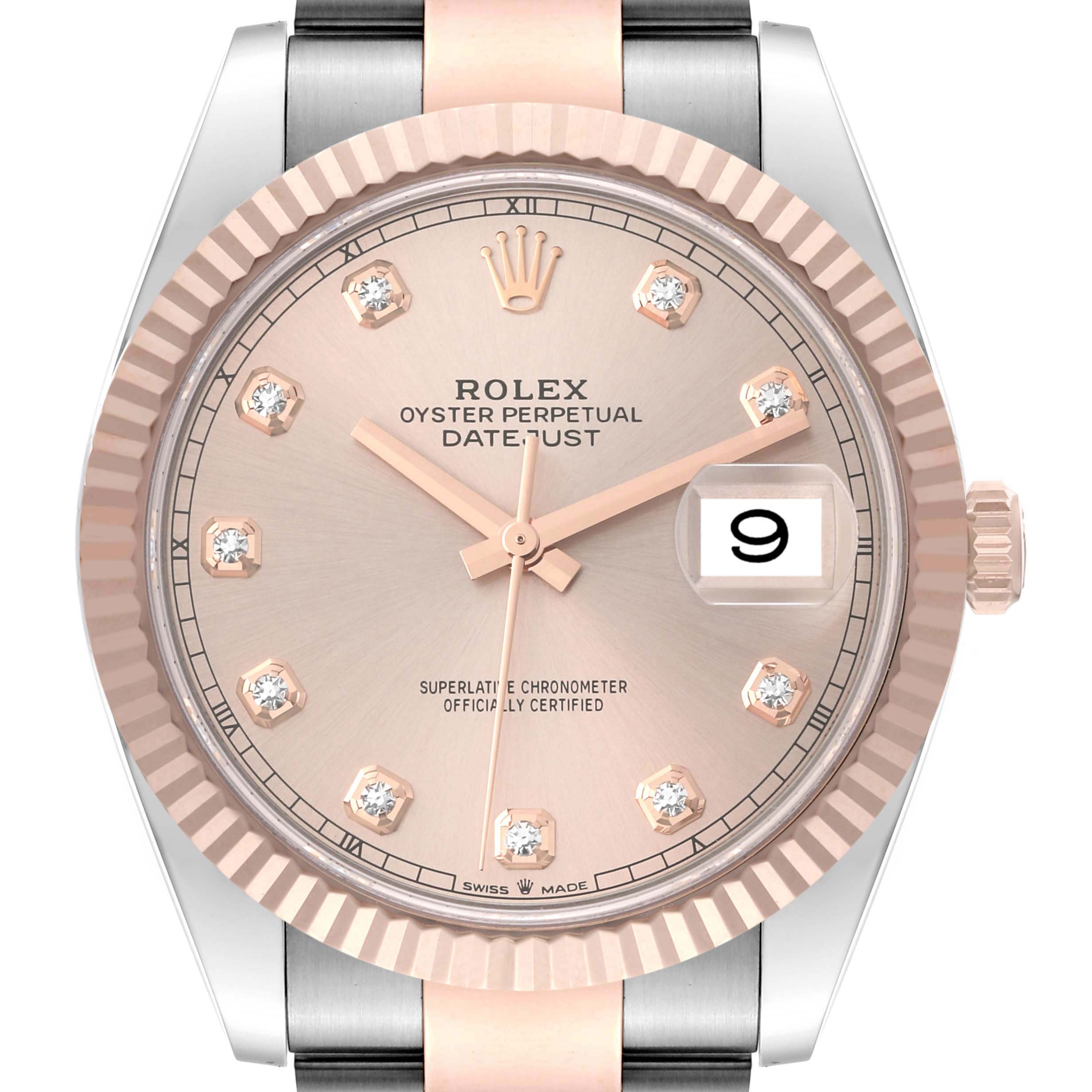 This image shows a close-up of a Rolex Datejust 41 126331 Men's Steel and Gold (two tone) Pink Dial 126331 Men's Steel and Gold (two tone) Pink Dial watch, highlighting the champagne dial, diamond hour markers, and fluted bezel.