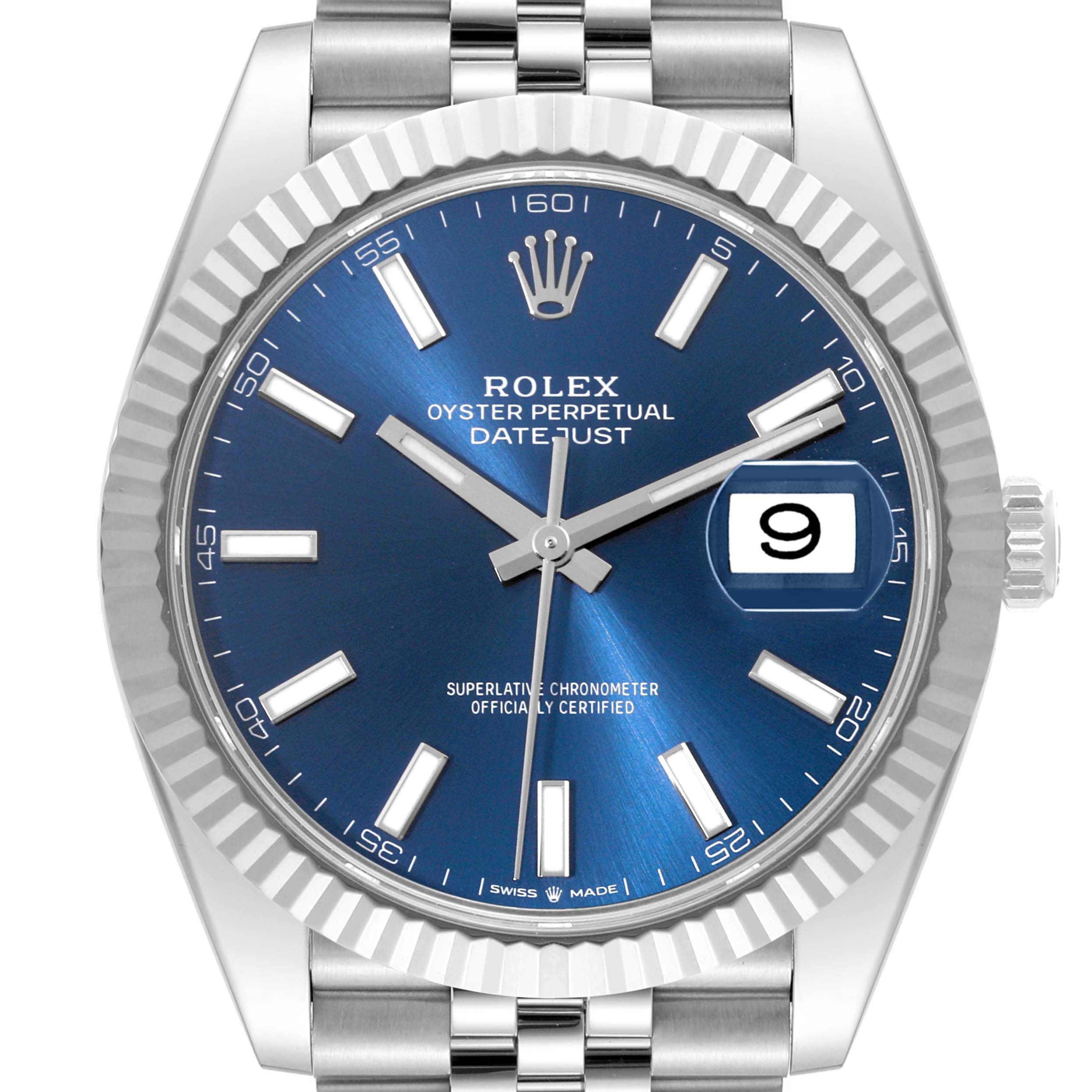 The image displays a front view of the Rolex Datejust 41 126334 Men
s Stainless Steel Blue Dial 126334 Men
s Stainless Steel Blue Dial watch, showcasing the blue dial, date window, and fluted bezel.