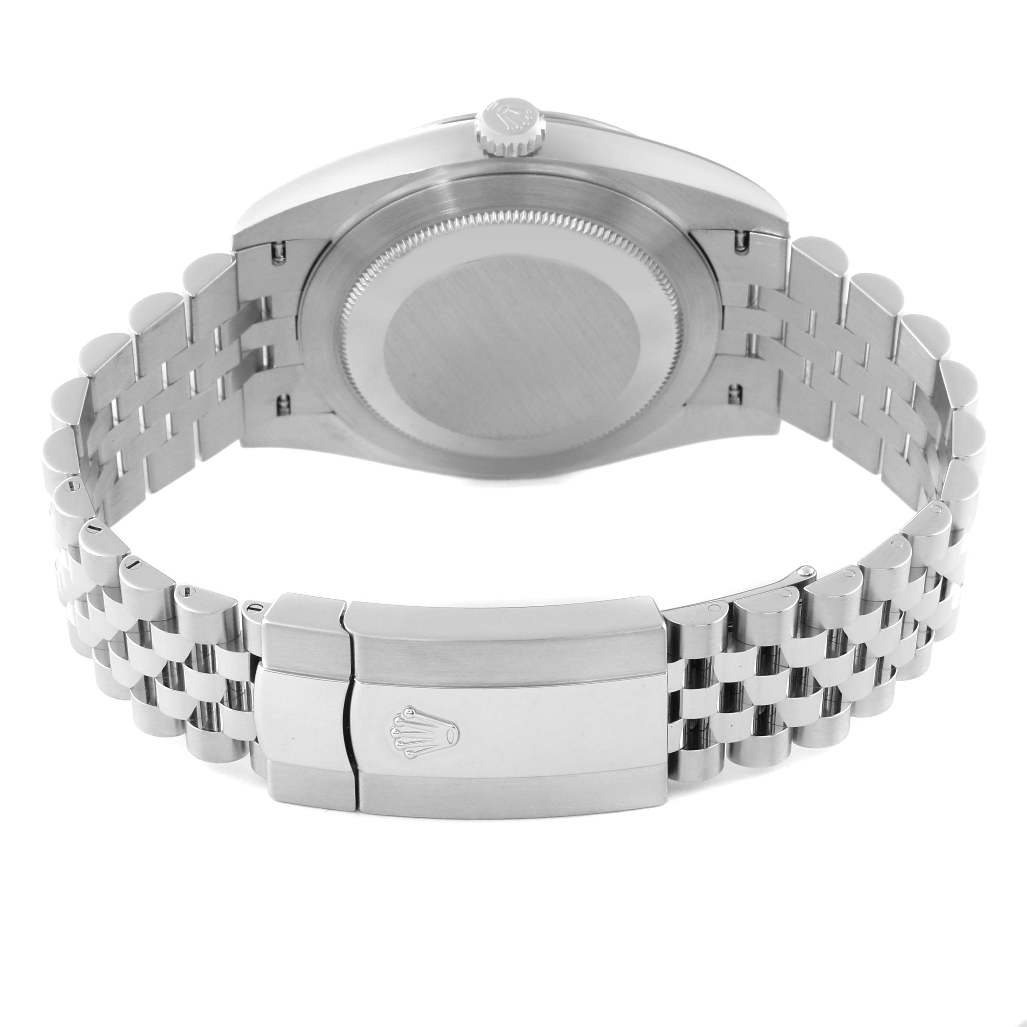 The image shows the back and clasp of a Rolex Datejust 41 126334 Men
s Stainless Steel Blue Dial 126334 Men
s Stainless Steel Blue Dial watch, highlighting the case back and Jubilee bracelet.