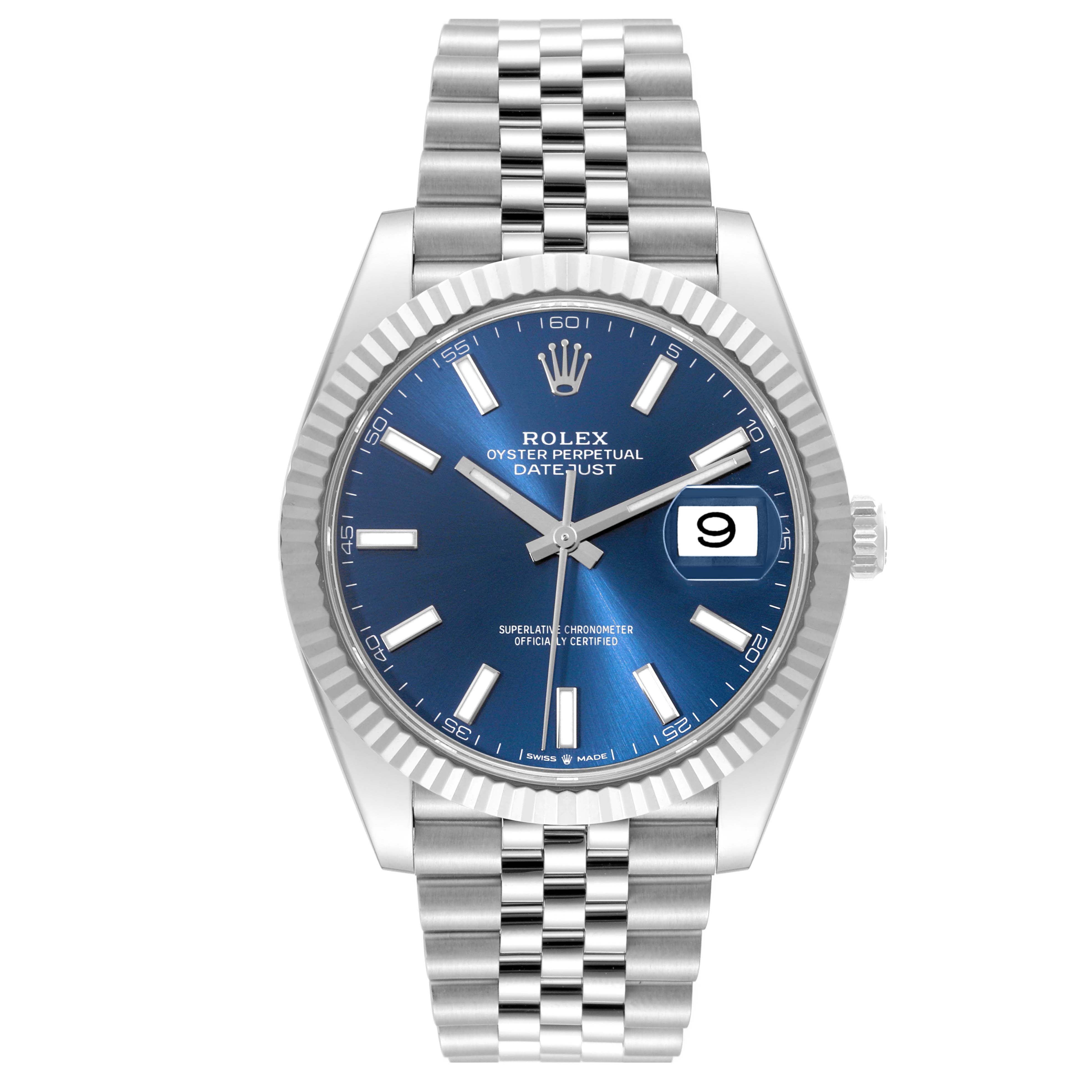 The Rolex Datejust 41 126334 Men
s Stainless Steel Blue Dial 126334 Men
s Stainless Steel Blue Dial watch is shown from a front view, displaying its blue dial, fluted bezel, and Jubilee bracelet.