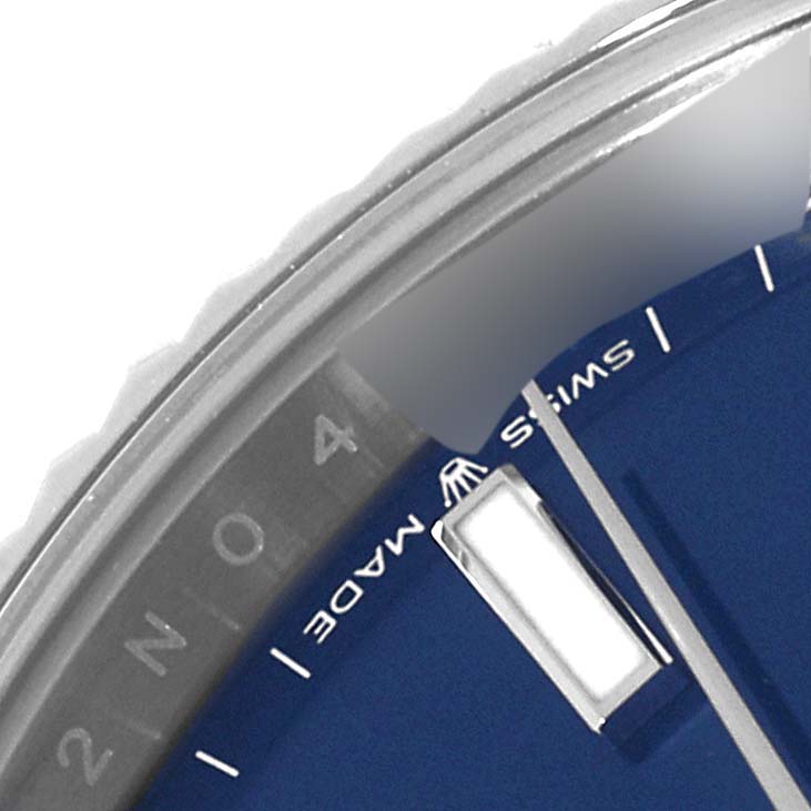 This image shows a close-up of the blue dial and part of the bezel of the Rolex Datejust 41 126334 Men
s Stainless Steel Blue Dial 126334 Men
s Stainless Steel Blue Dial watch.