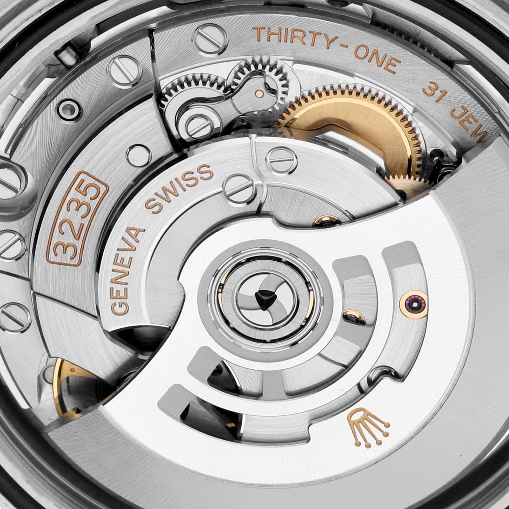 The image shows a close-up view of the movement and mechanism inside the Rolex Datejust 41 126334 Men
s Stainless Steel Blue Dial 126334 Men
s Stainless Steel Blue Dial watch.