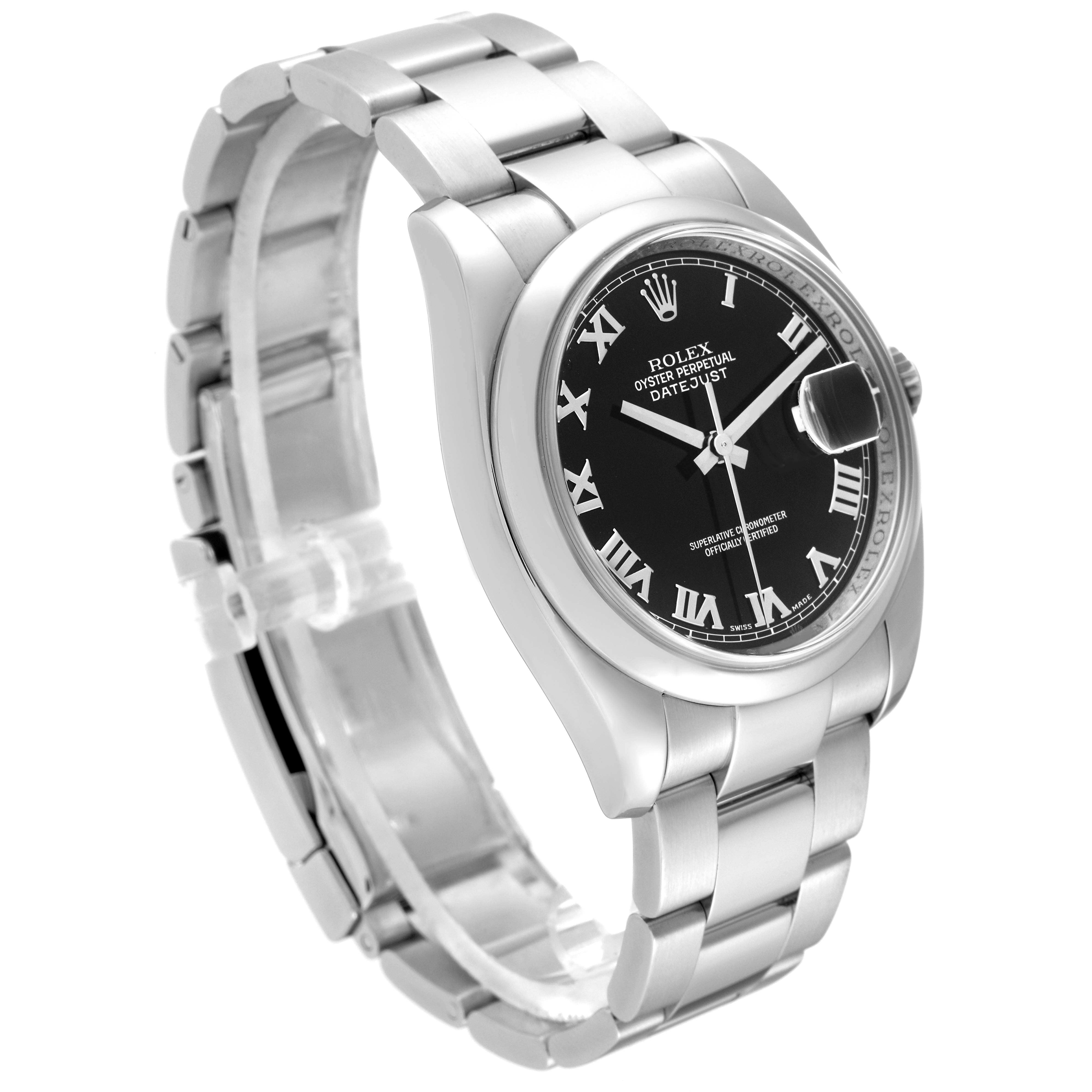 The image shows a Rolex Datejust 116200 Men's Stainless Steel Black Dial 116200 Men's Stainless Steel Black Dial watch at a slight angle, displaying its bracelet, black dial, and side profile.