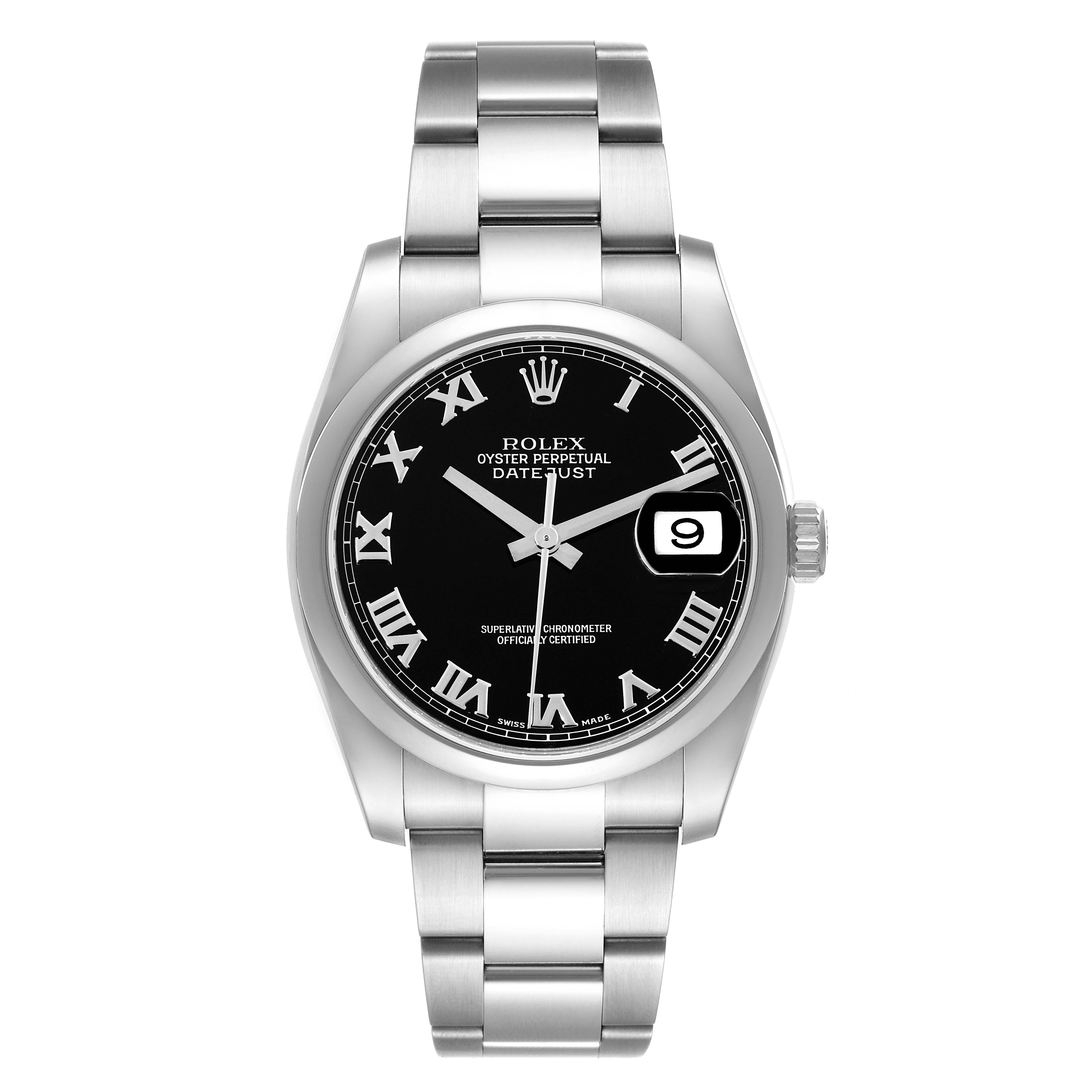 This is a front view of a Rolex Datejust 116200 Men's Stainless Steel Black Dial 116200 Men's Stainless Steel Black Dial watch showing the face, bracelet, and crown.