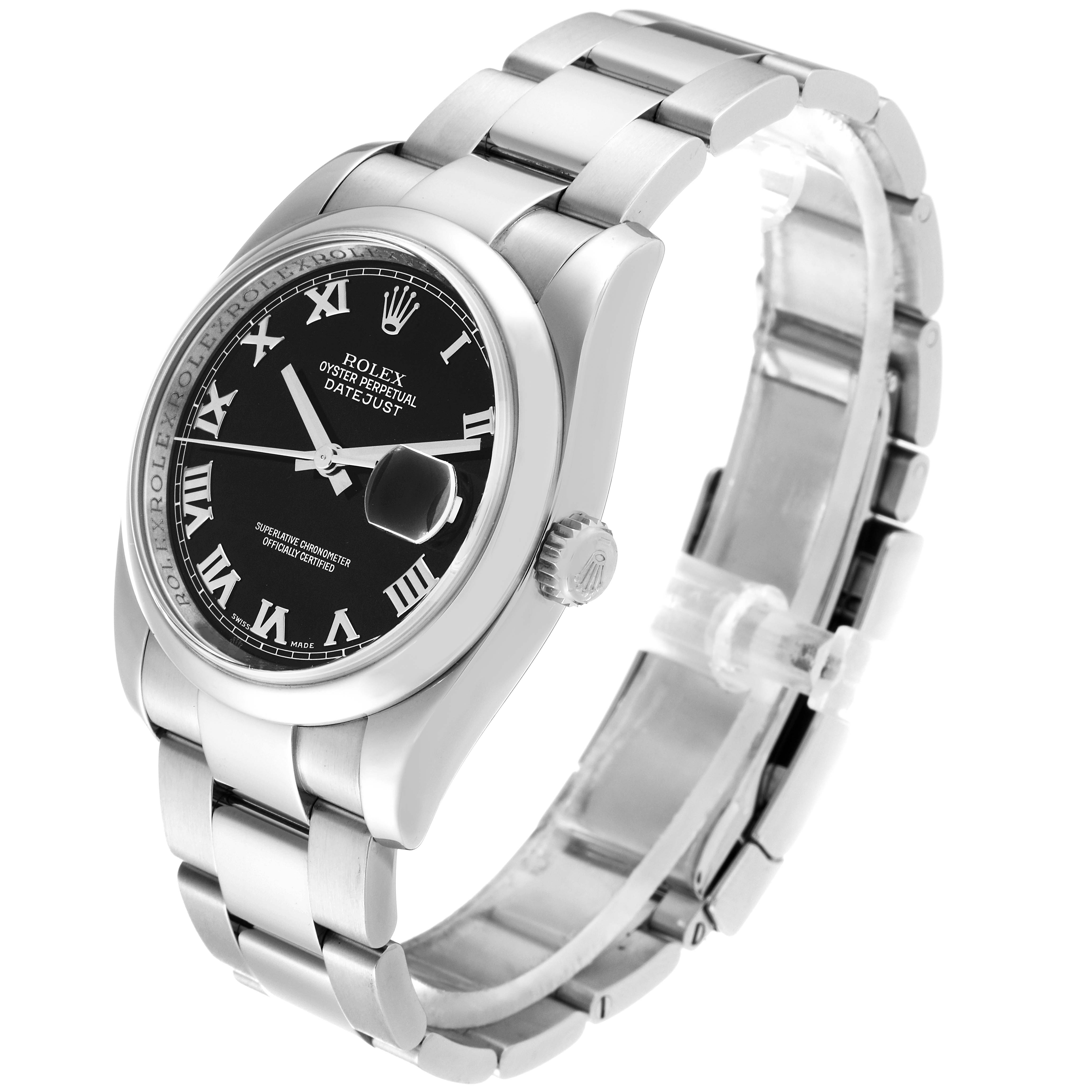 The image shows a side angle view of a Rolex Datejust 116200 Men's Stainless Steel Black Dial 116200 Men's Stainless Steel Black Dial watch, highlighting the dial, bezel, bracelet, and crown.