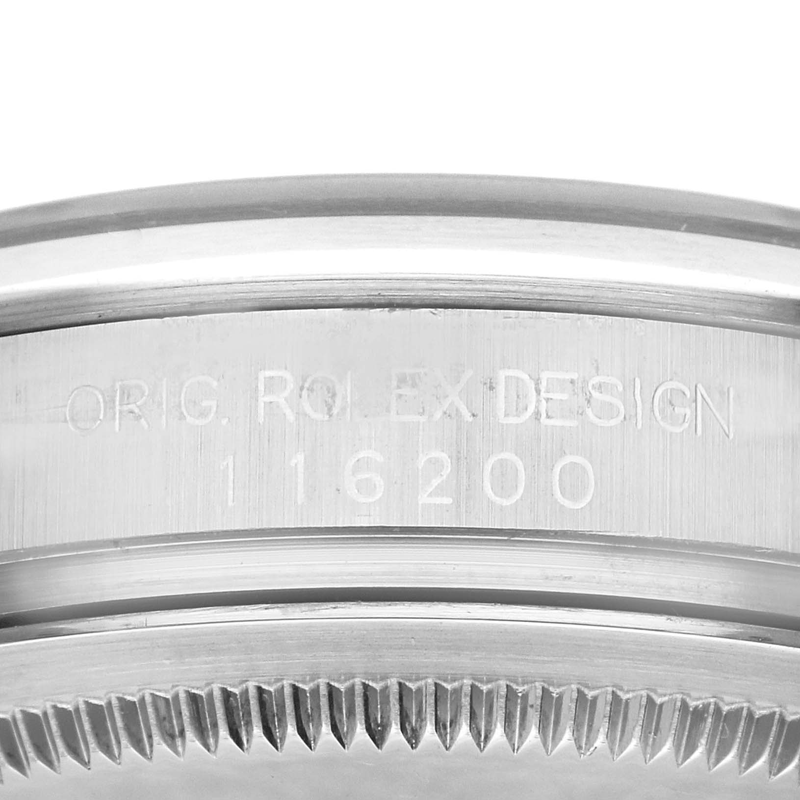 This image shows the side engraving on the case of a Rolex Datejust 116200 Men's Stainless Steel Black Dial 116200 Men's Stainless Steel Black Dial model.