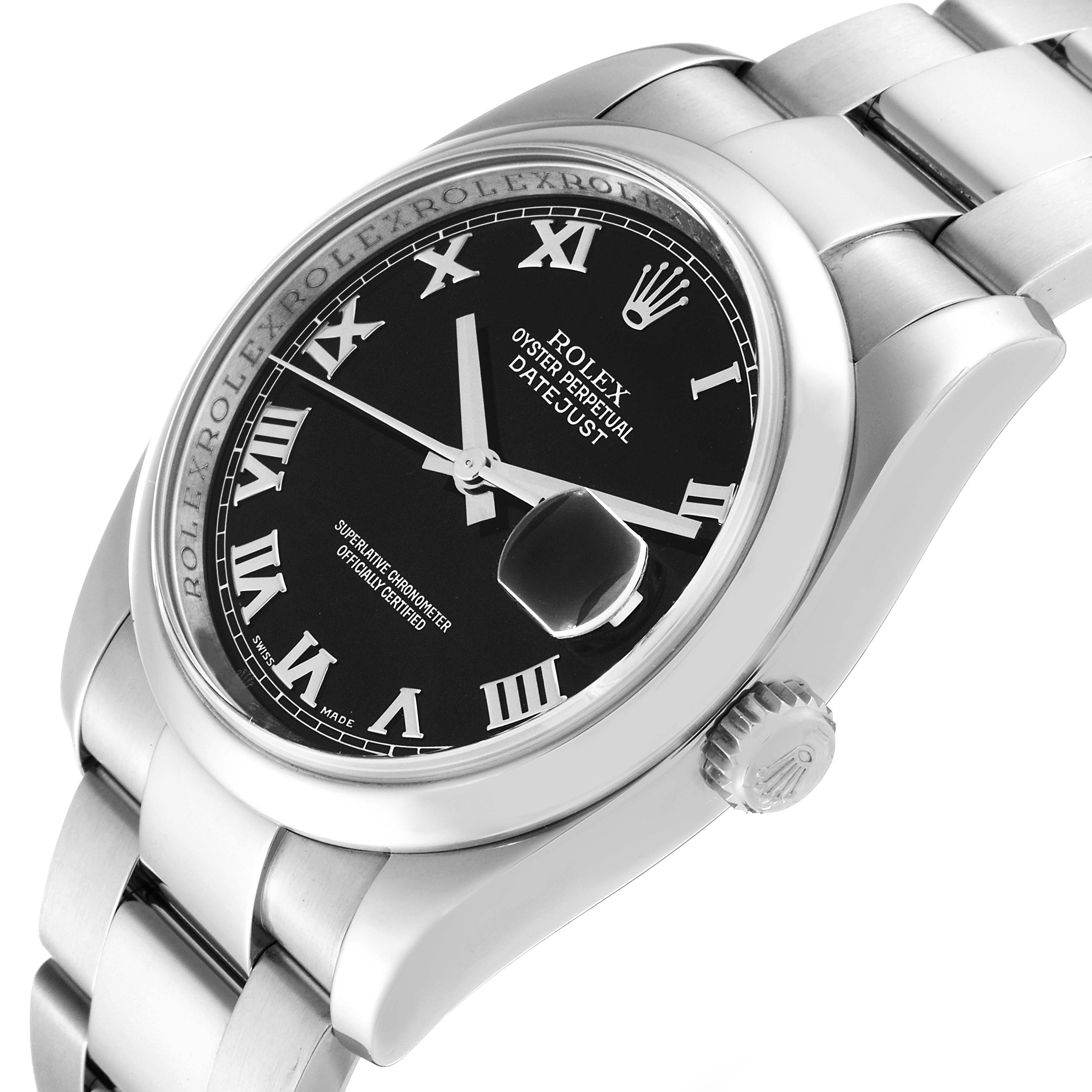 The image shows a close-up, angled view of the Rolex Datejust 116200 Men's Stainless Steel Black Dial 116200 Men's Stainless Steel Black Dial watch, highlighting its dial, bezel, bracelet, and crown.