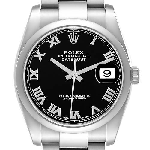 The image shows a front-facing view of a Rolex Datejust watch with a black dial, Roman numerals, and a date window at 3 o’clock.