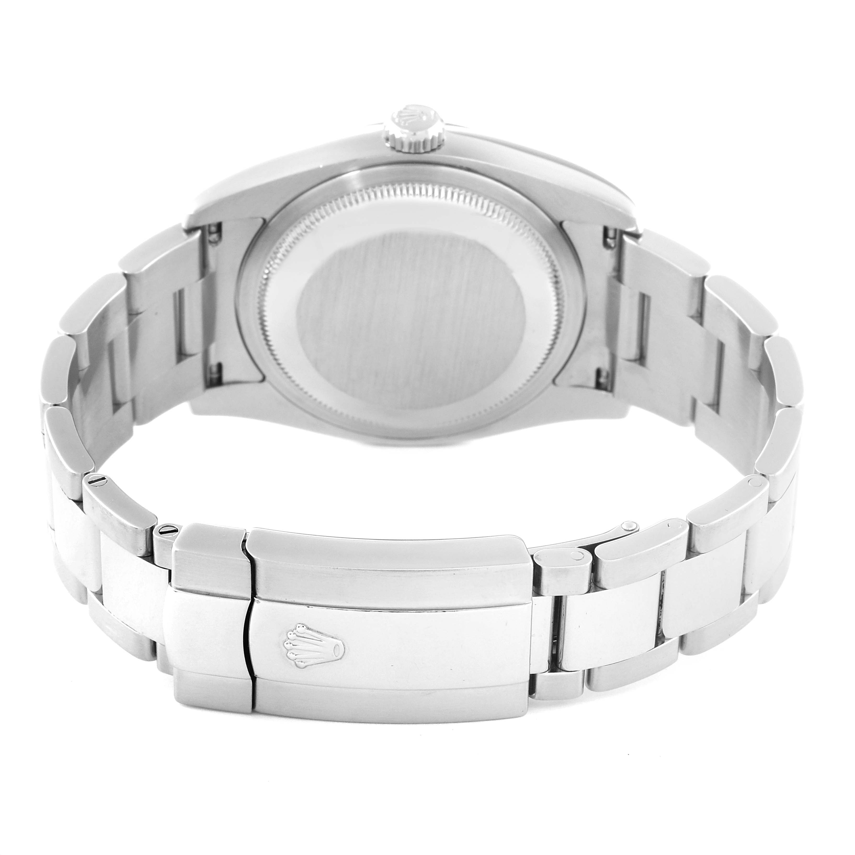 The image shows the back of a Rolex Datejust 116200 Men's Stainless Steel Black Dial 116200 Men's Stainless Steel Black Dial watch, highlighting the case back, bracelet, and clasp with the Rolex logo.