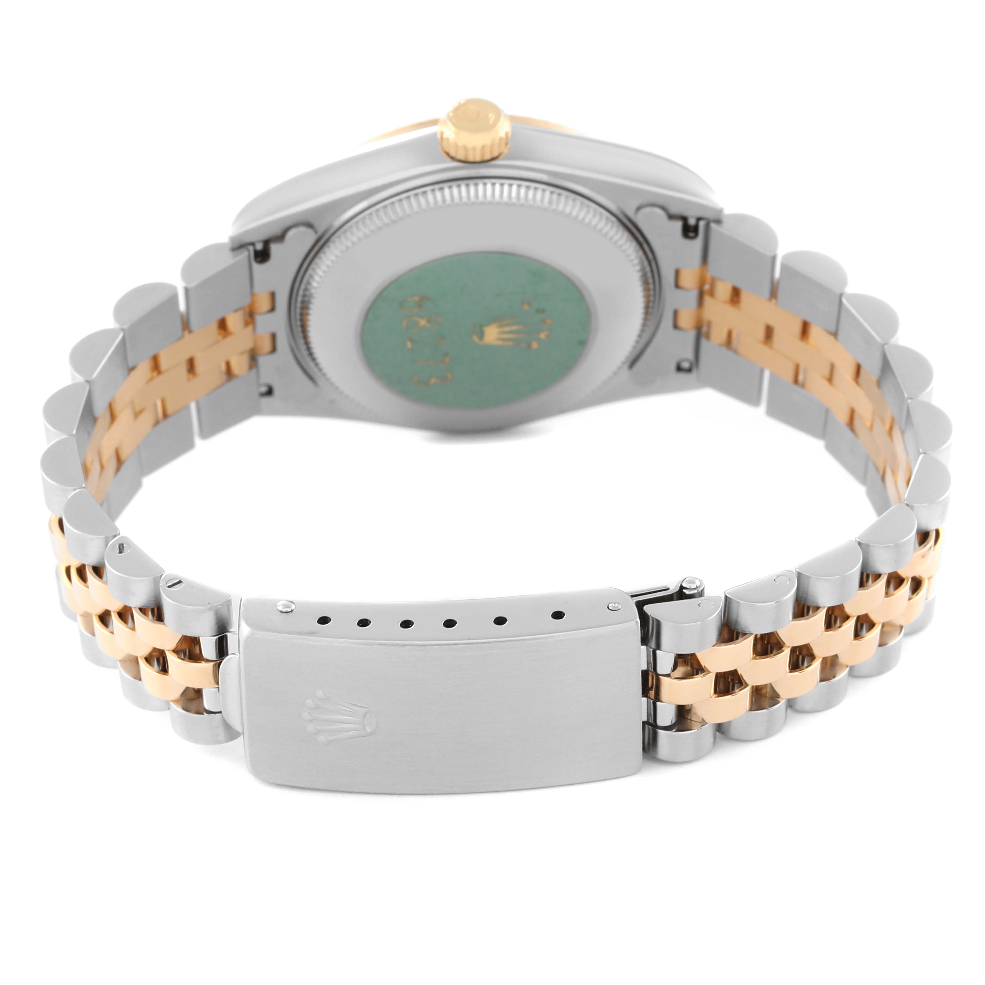 The image shows the back view of a Rolex Mid-Size 68273 Women's Steel and Gold (two tone) Champagne Dial 68273 Women's Steel and Gold (two tone) Champagne Dial watch, highlighting its case back, crown, and two-tone bracelet.