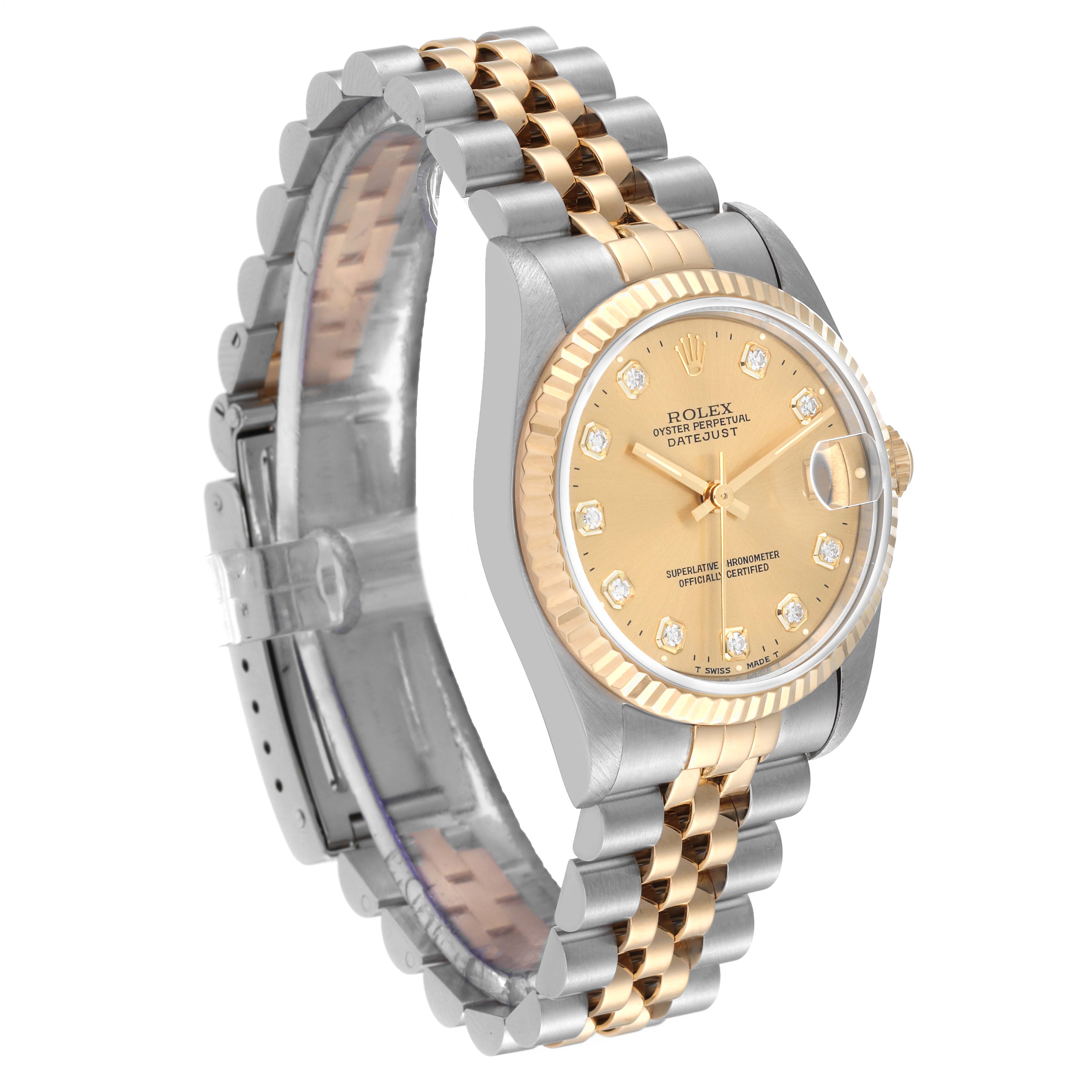 The Rolex Mid-Size 68273 Women's Steel and Gold (two tone) Champagne Dial 68273 Women's Steel and Gold (two tone) Champagne Dial model watch is shown at a slight angle, displaying the face, crown, and dual-tone bracelet.