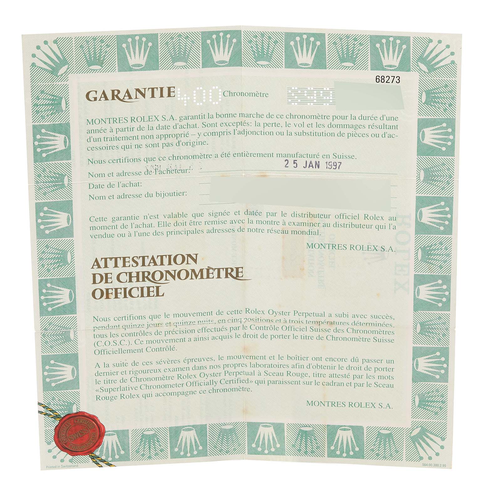 This is a warranty certificate for a Mid-Size Rolex watch, showcasing the brand's detailed documentation and authenticity markings.