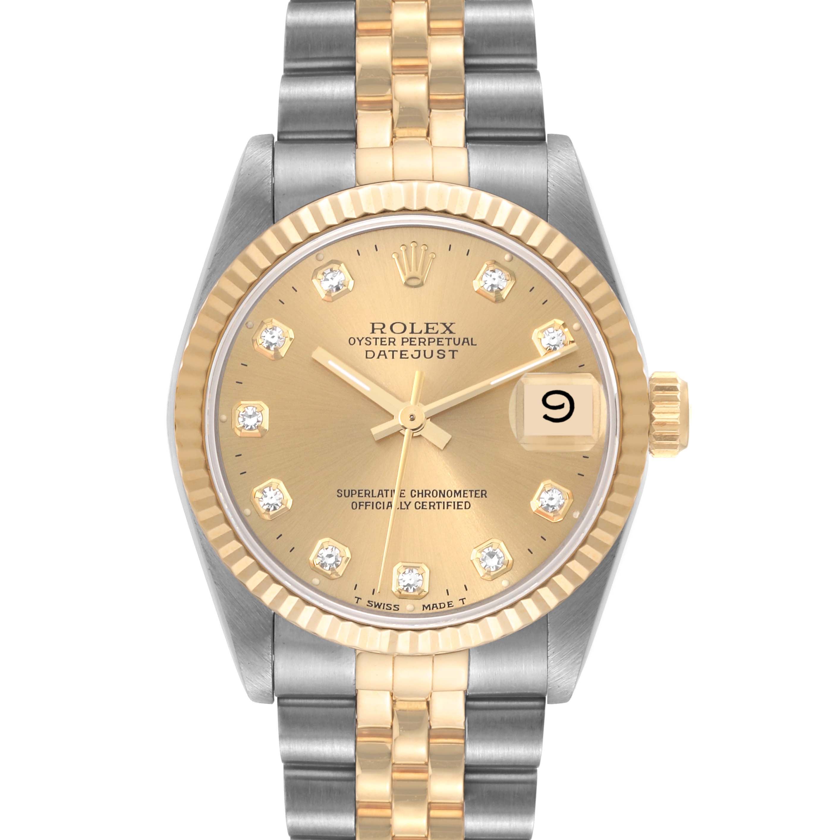 The Rolex Mid-Size 68273 Women's Steel and Gold (two tone) Champagne Dial 68273 Women's Steel and Gold (two tone) Champagne Dial Datejust watch is shown from the front, detailing its two-tone bracelet, champagne dial, and date display.