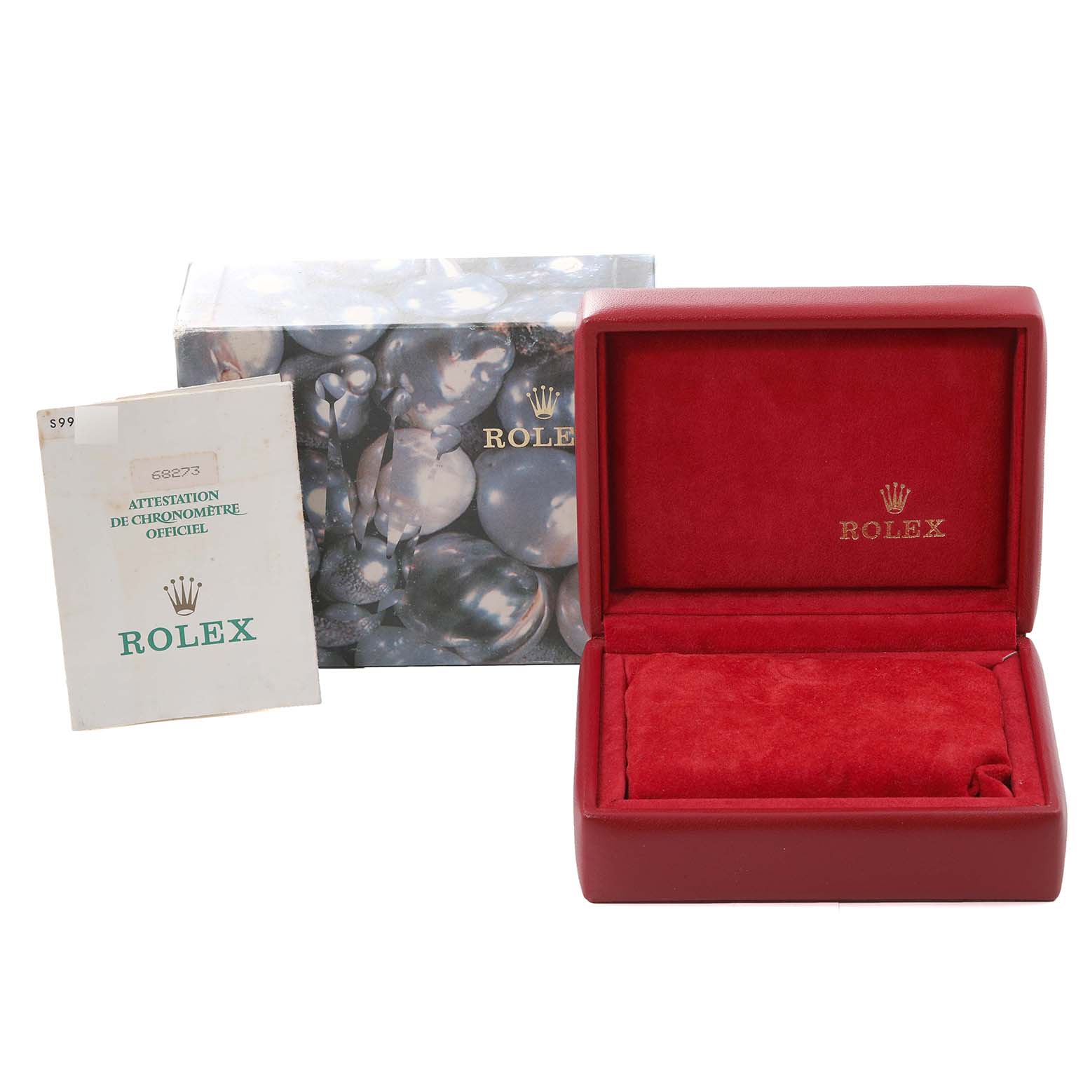 The image shows the packaging, instruction manual, and open red velvet box for a Rolex Mid-Size 68273 Women's Steel and Gold (two tone) Champagne Dial 68273 Women's Steel and Gold (two tone) Champagne Dial model watch.