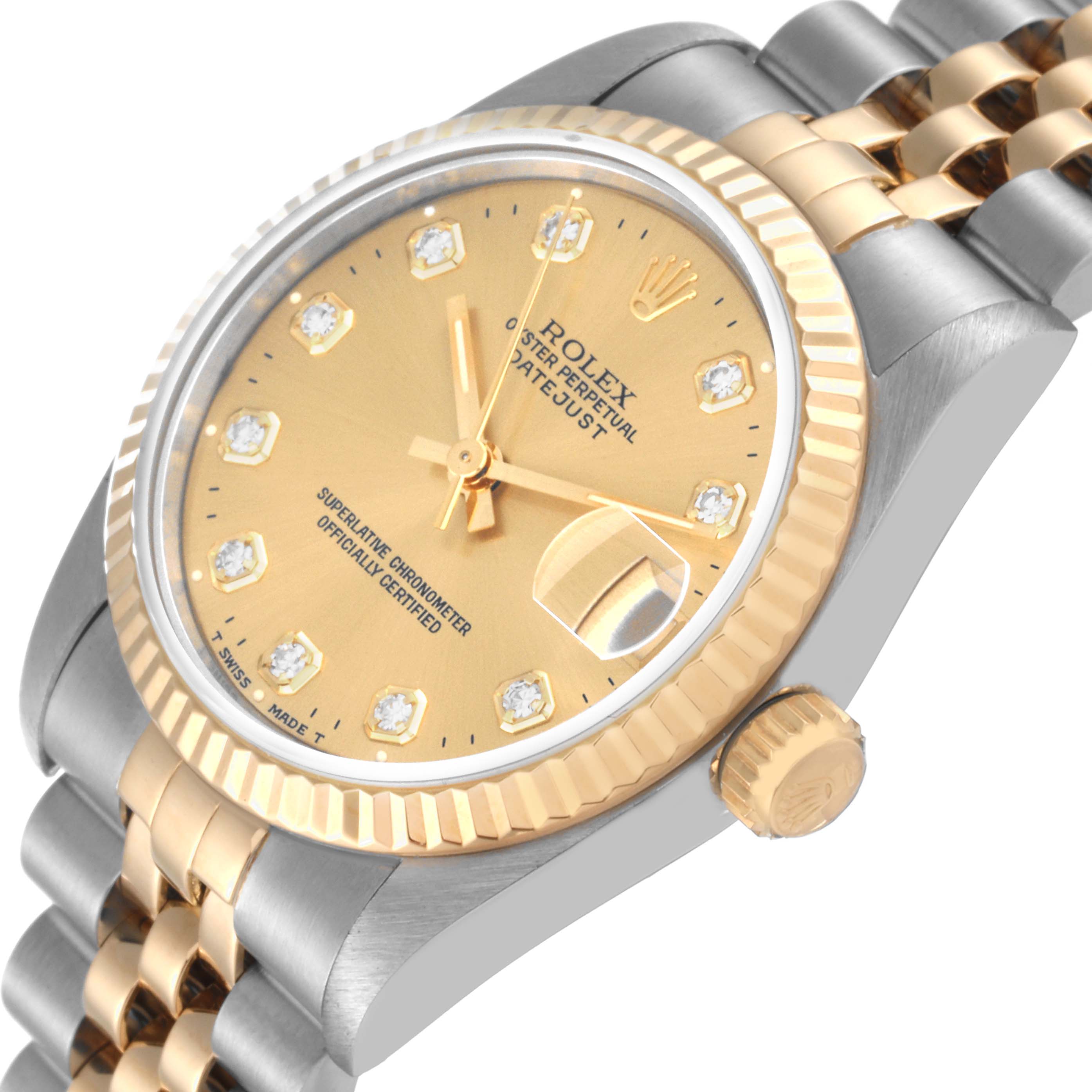 This image shows a side angle of the Rolex Mid-Size 68273 Women's Steel and Gold (two tone) Champagne Dial 68273 Women's Steel and Gold (two tone) Champagne Dial Datejust watch, displaying the dial, crown, and part of the bracelet.