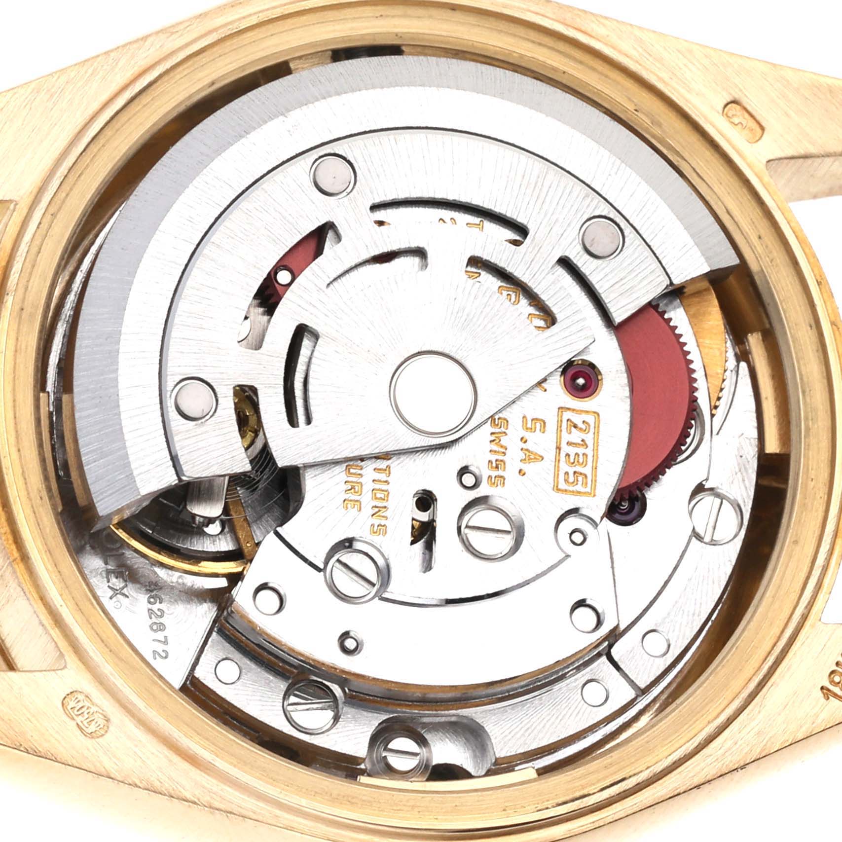 The image shows the internal mechanism and movement of a Rolex Datejust 69278 Women's Yellow Gold Champagne Dial 69278 Women's Yellow Gold Champagne Dial watch from a back or caseback angle.