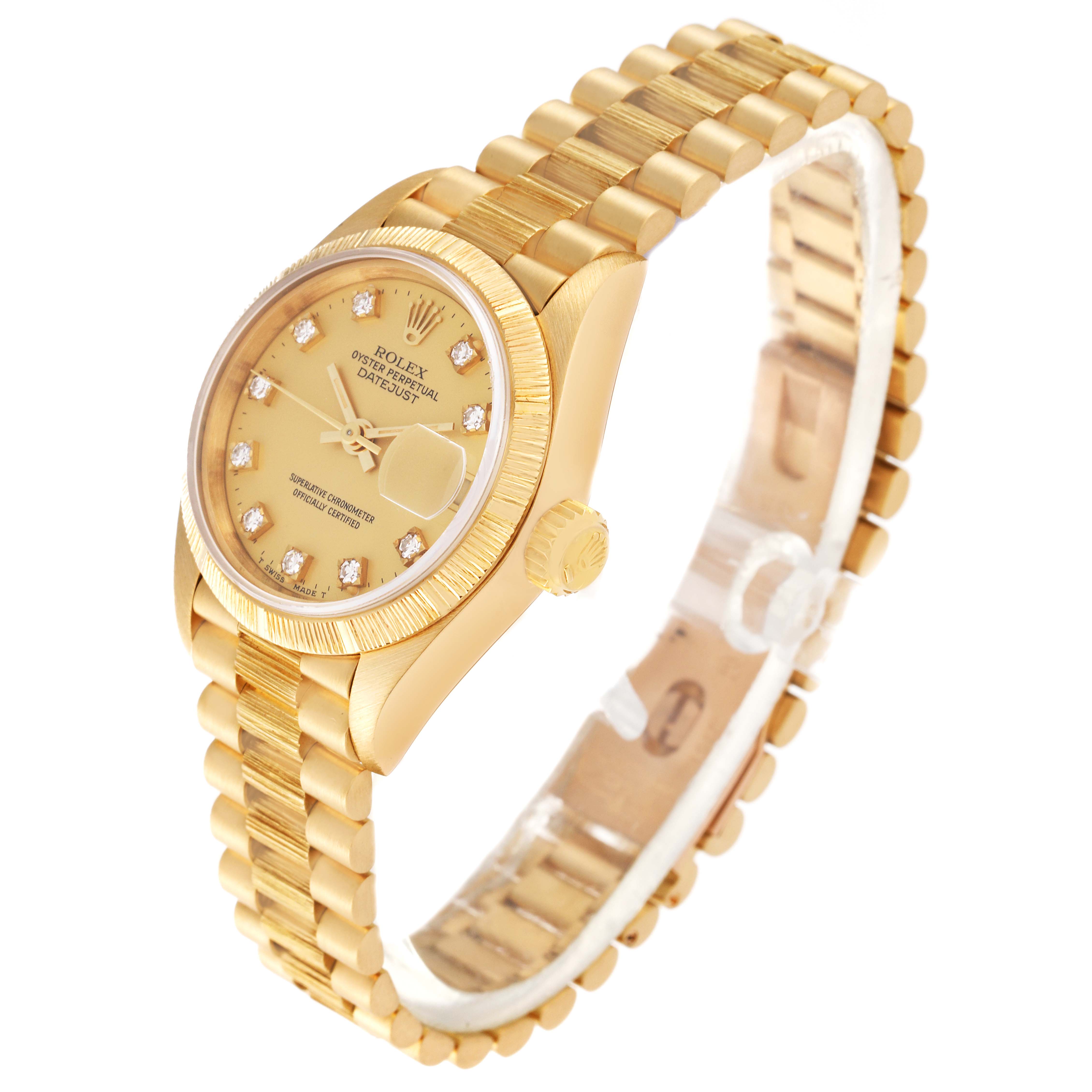 This image shows a Rolex Datejust 69278 Women's Yellow Gold Champagne Dial 69278 Women's Yellow Gold Champagne Dial watch from an angled side view, highlighting the gold bracelet, crown, and face with diamond hour markers.