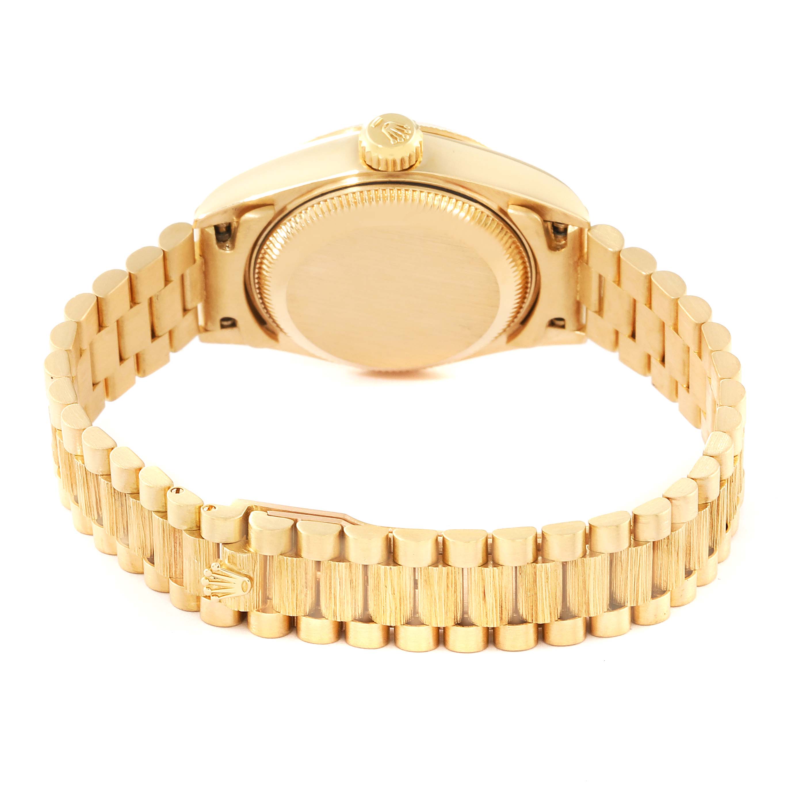 The image shows the backside of a Rolex Datejust 69278 Women's Yellow Gold Champagne Dial 69278 Women's Yellow Gold Champagne Dial watch, highlighting the case back and bracelet.