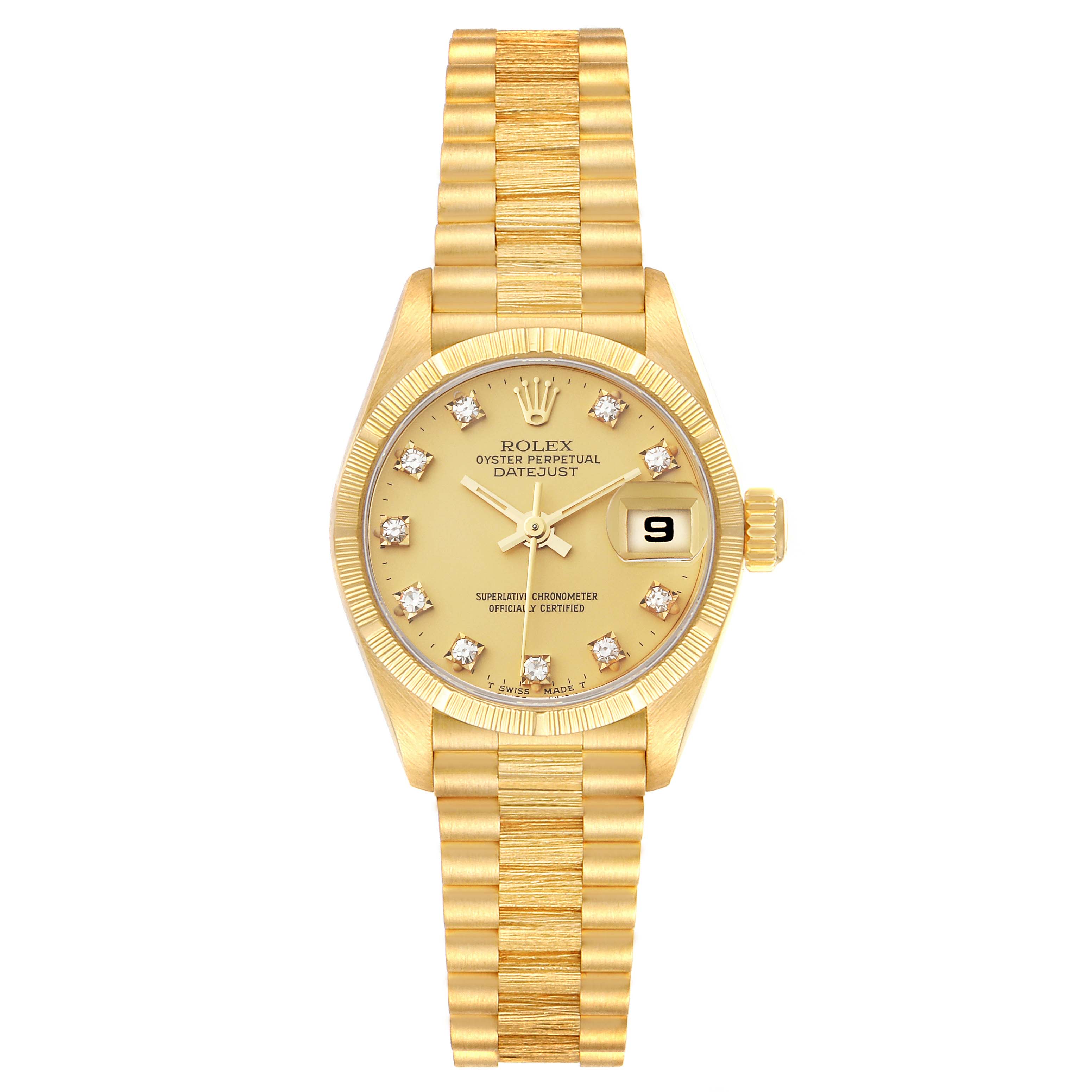 The image shows a full frontal view of a Rolex Datejust 69278 Women's Yellow Gold Champagne Dial 69278 Women's Yellow Gold Champagne Dial watch, including the dial, bezel, crown, and bracelet.