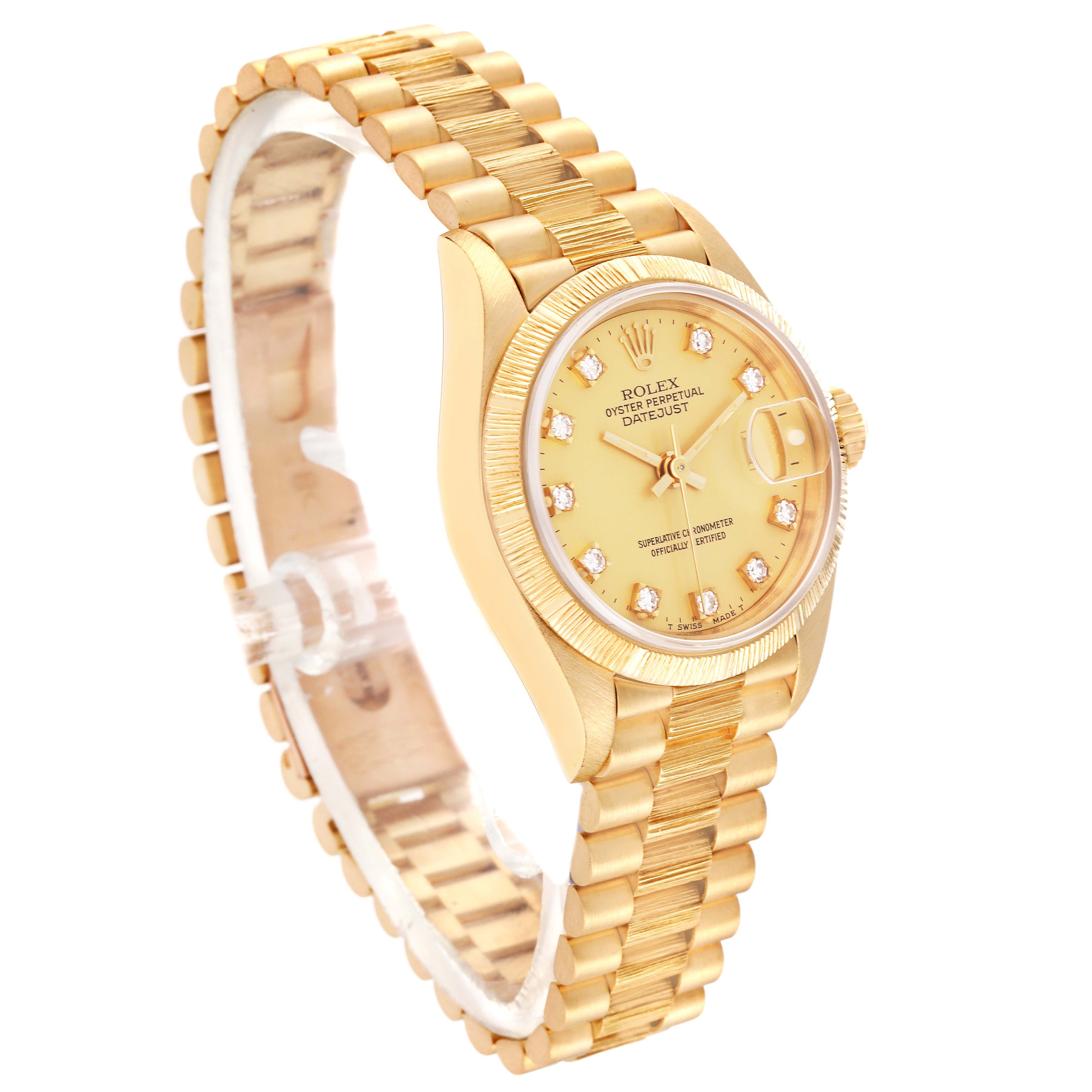 The image shows a Rolex Datejust 69278 Women's Yellow Gold Champagne Dial 69278 Women's Yellow Gold Champagne Dial watch from an upper side angle, highlighting the watch face, dial, and bracelet.